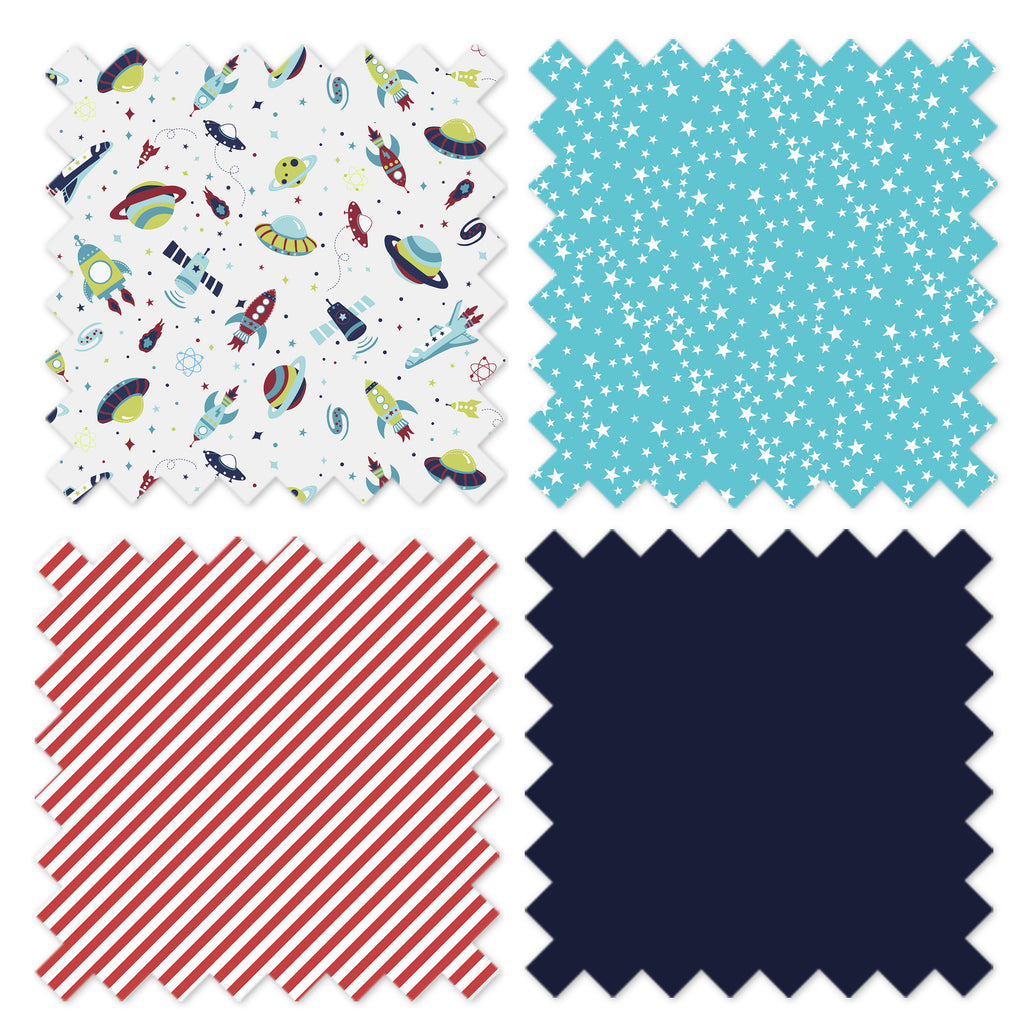 Boys 4 pc Toddler Bedding/3 pc Sheet Set 100% Cotton Percale, Airspace Aqua/Red/Orange/Green/Navy - Bacati - 4 pc Toddler Bedding Set - Bacati