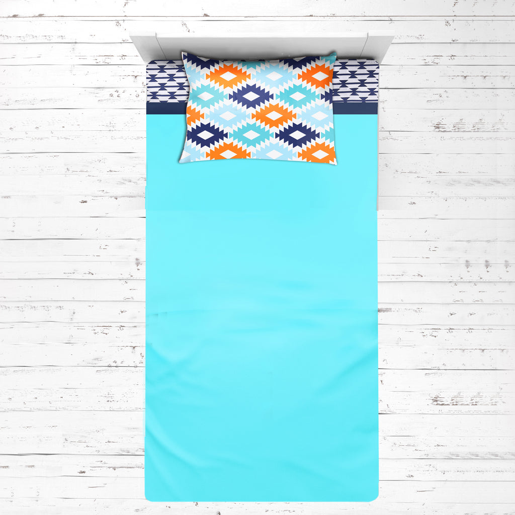 Bacati - Boys Toddler Bedding/Sheet Set Cotton, Aztec Liam Aqua/Orange/Navy - Bacati - 4 pc Toddler Bedding Set - Bacati