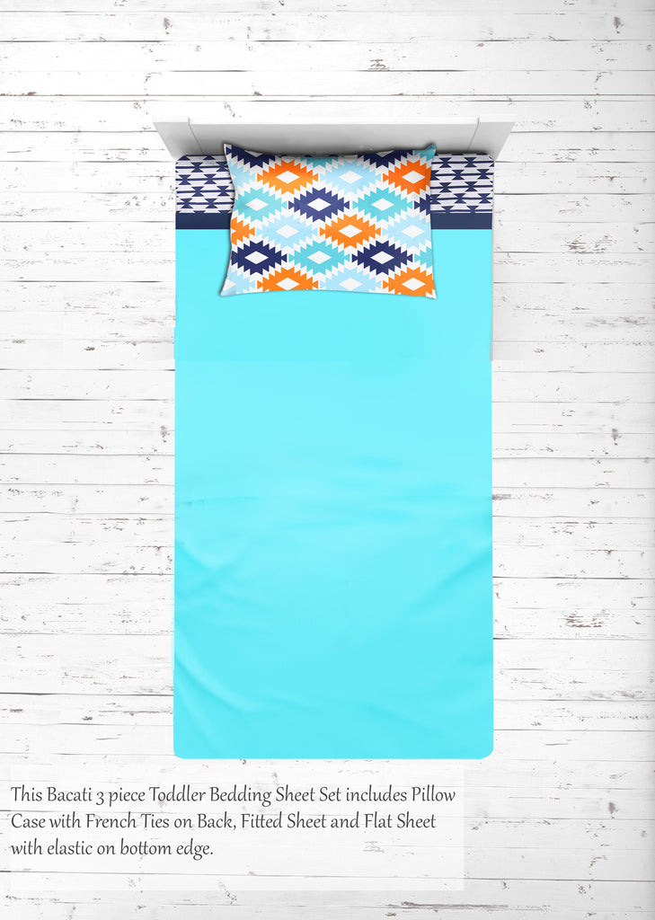 Boys Toddler Bedding/Sheet Set Cotton, Aztec Liam Aqua/Orange/Navy - Bacati - 4 pc Toddler Bedding Set - Bacati