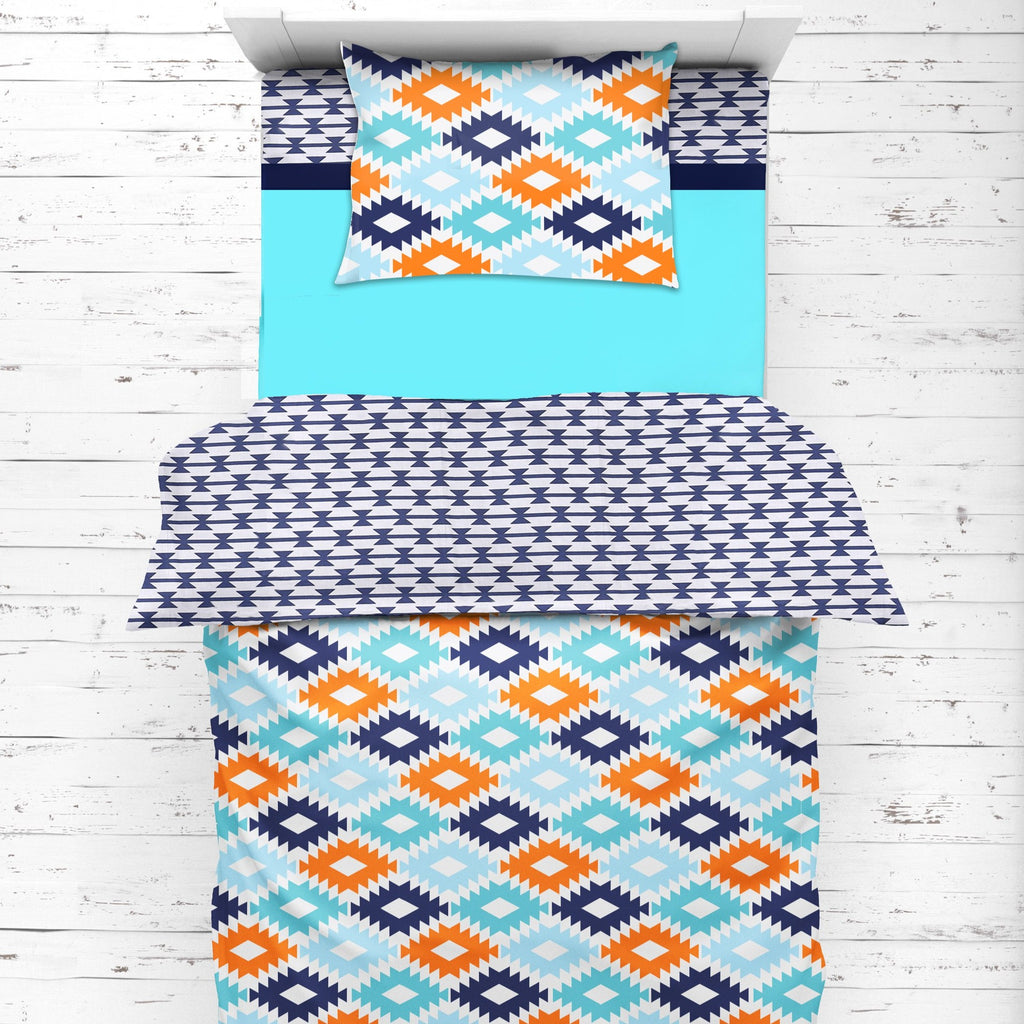 Boys Toddler Bedding/Sheet Set Cotton, Aztec Liam Aqua/Orange/Navy - Bacati - 4 pc Toddler Bedding Set - Bacati