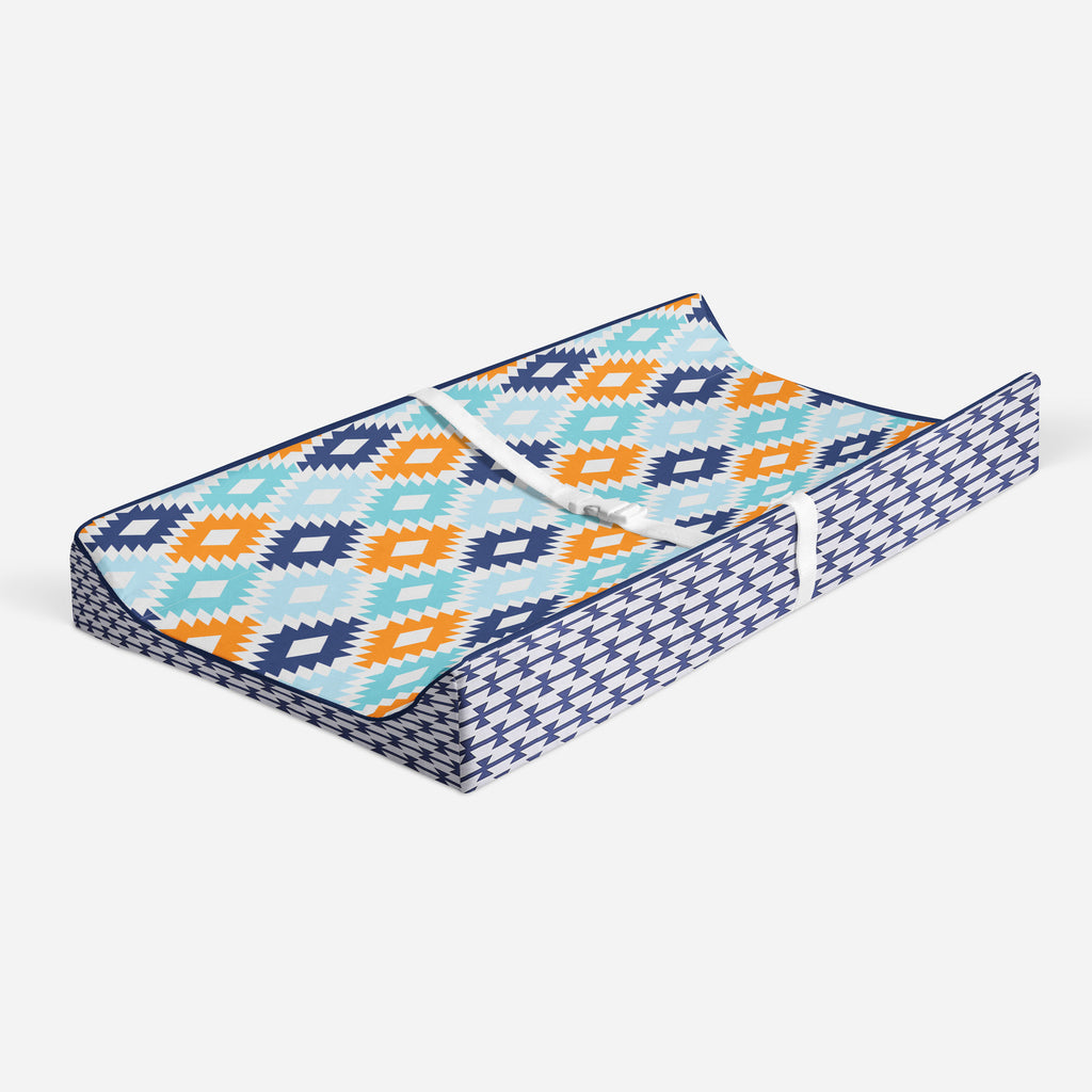 Aztec Liam Aqua/Orange/Navy Boys Quilted Changing Pad Cover - Bacati - Changing pad cover - Bacati