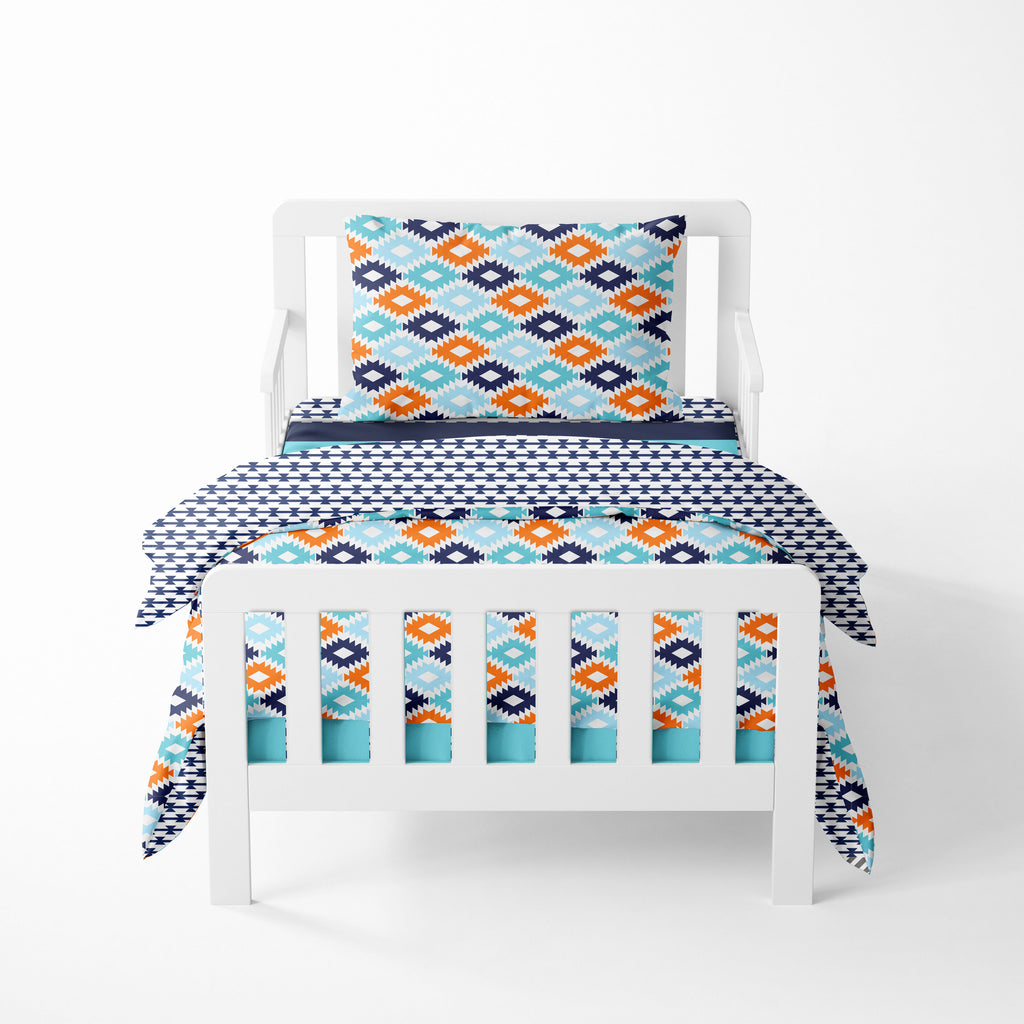 Boys Toddler Bedding/Sheet Set Cotton, Aztec Liam Aqua/Orange/Navy - Bacati - 4 pc Toddler Bedding Set - Bacati