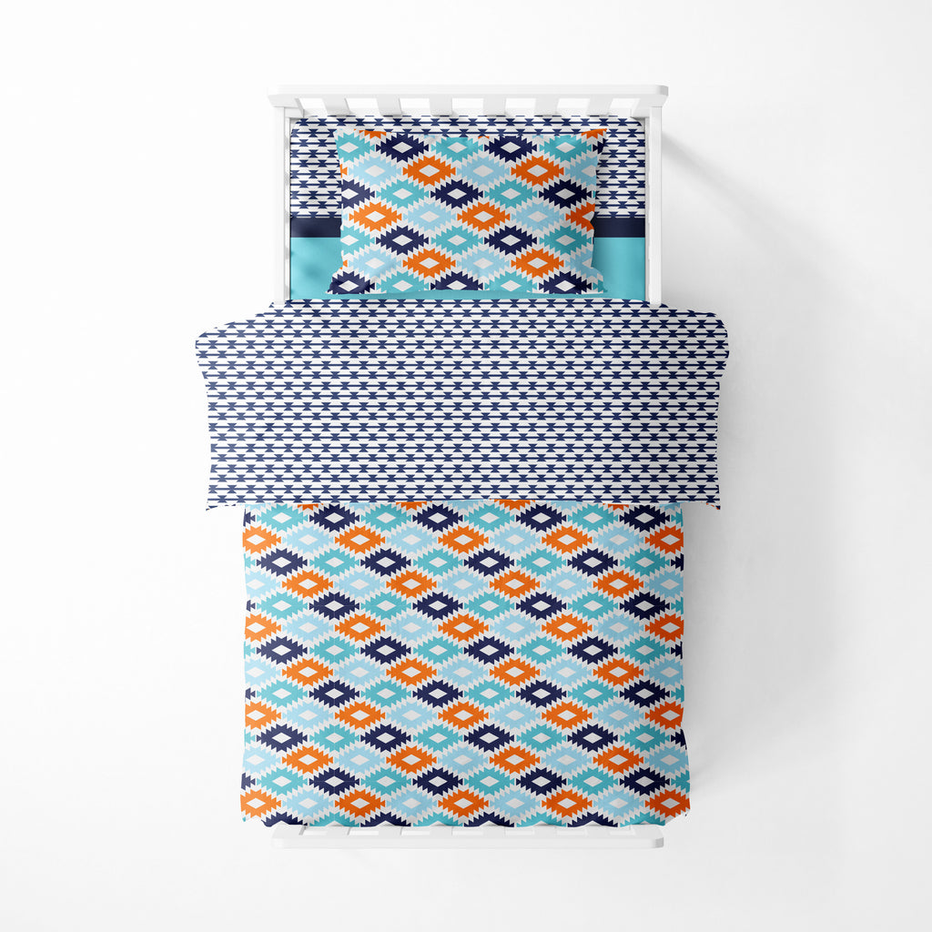 Boys Toddler Bedding/Sheet Set Cotton, Aztec Liam Aqua/Orange/Navy - Bacati - 4 pc Toddler Bedding Set - Bacati