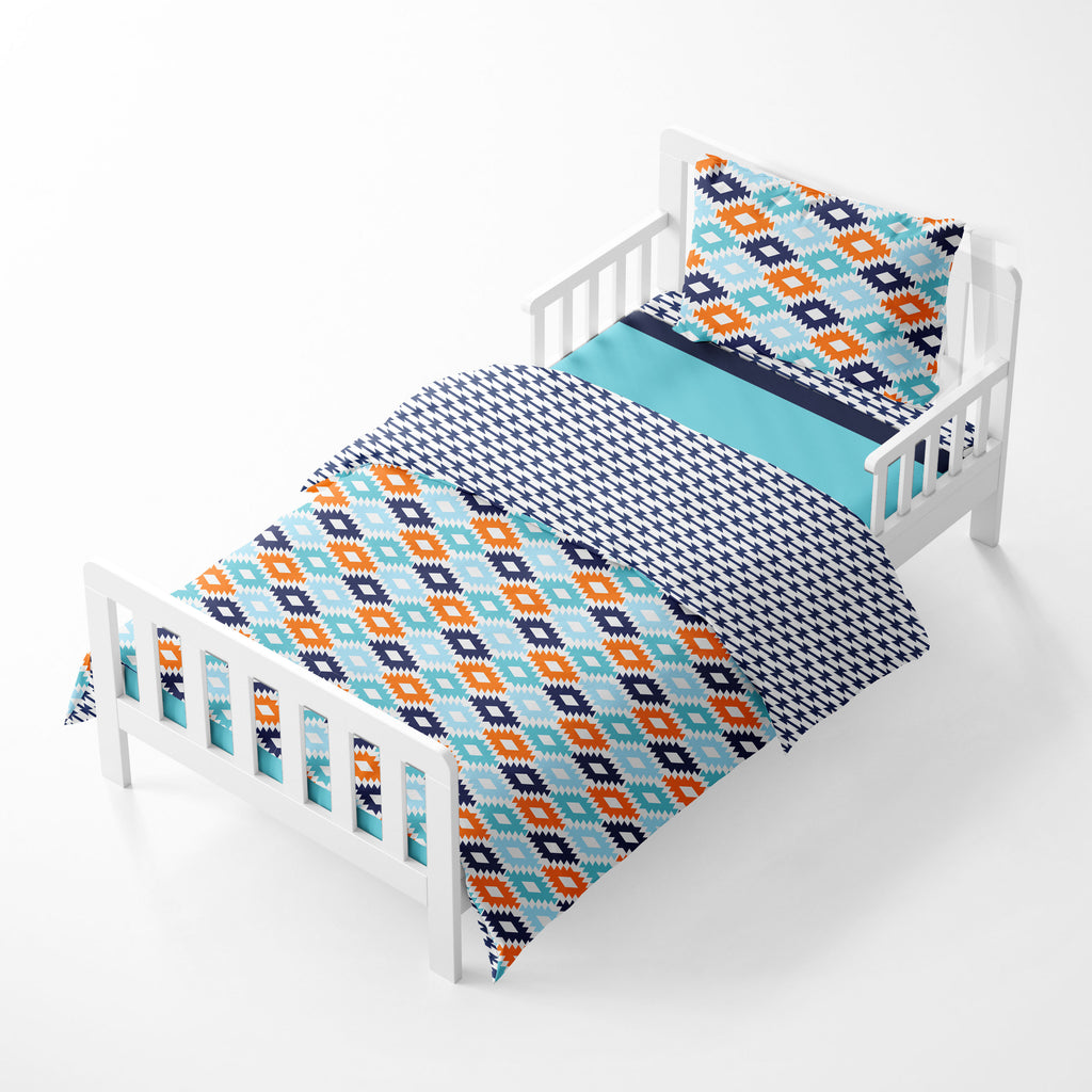 Boys Toddler Bedding/Sheet Set Cotton, Aztec Liam Aqua/Orange/Navy - Bacati - 4 pc Toddler Bedding Set - Bacati