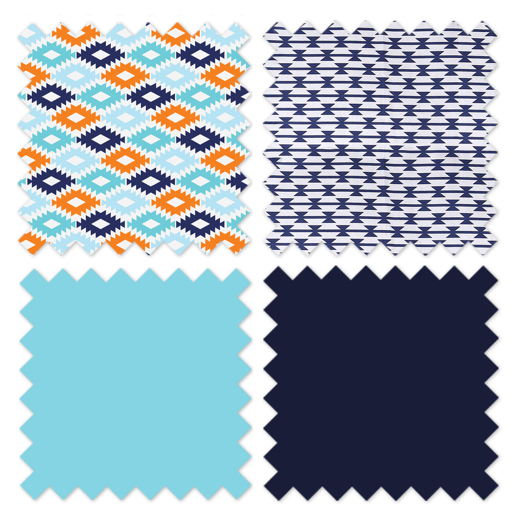 Boys Toddler Bedding/Sheet Set Cotton, Aztec Liam Aqua/Orange/Navy - Bacati - 4 pc Toddler Bedding Set - Bacati