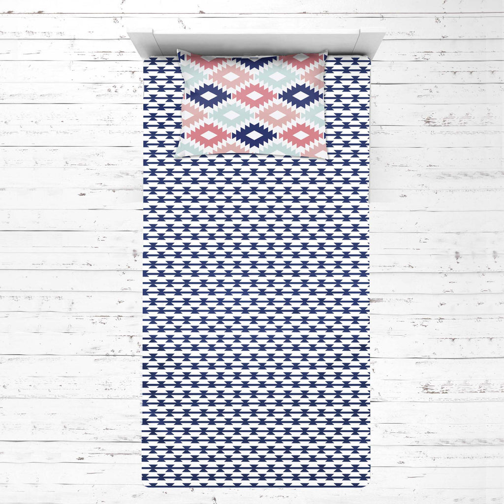 Bacati - Girls 4 pc Toddler Bedding/3 pc Sheet Set 100% Cotton Percale, Aztec Emma Coral/Mint/Navy - Bacati - 4 pc Toddler Bedding Set - Bacati