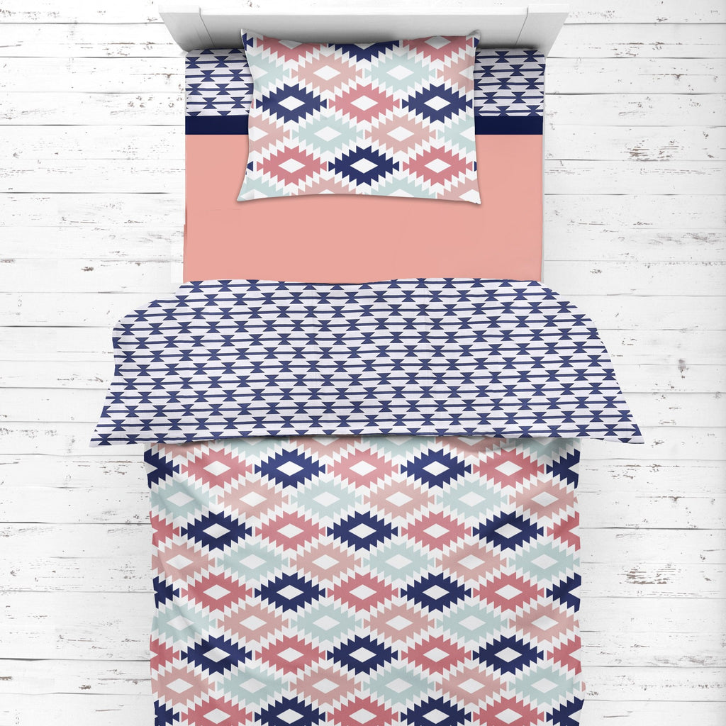 Girls 4 pc Toddler Bedding/3 pc Sheet Set 100% Cotton Percale, Aztec Emma Coral/Mint/Navy - Bacati - 4 pc Toddler Bedding Set - Bacati