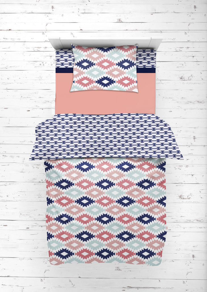 Girls 4 pc Toddler Bedding/3 pc Sheet Set 100% Cotton Percale, Aztec Emma Coral/Mint/Navy - Bacati - 4 pc Toddler Bedding Set - Bacati