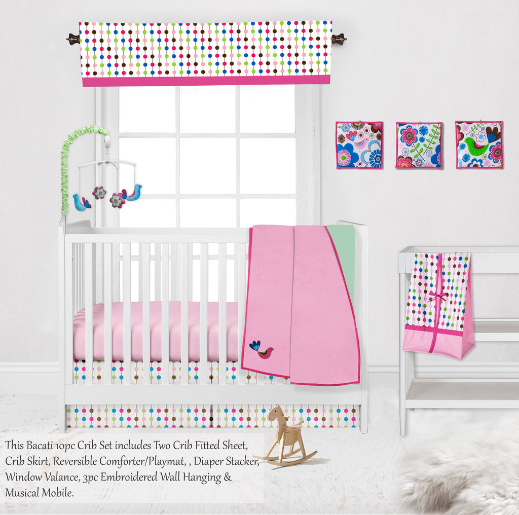 Botanical Floral Birds Pink/Multi Girls Crib Bedding Set - Bacati - Crib Bedding Set - Bacati