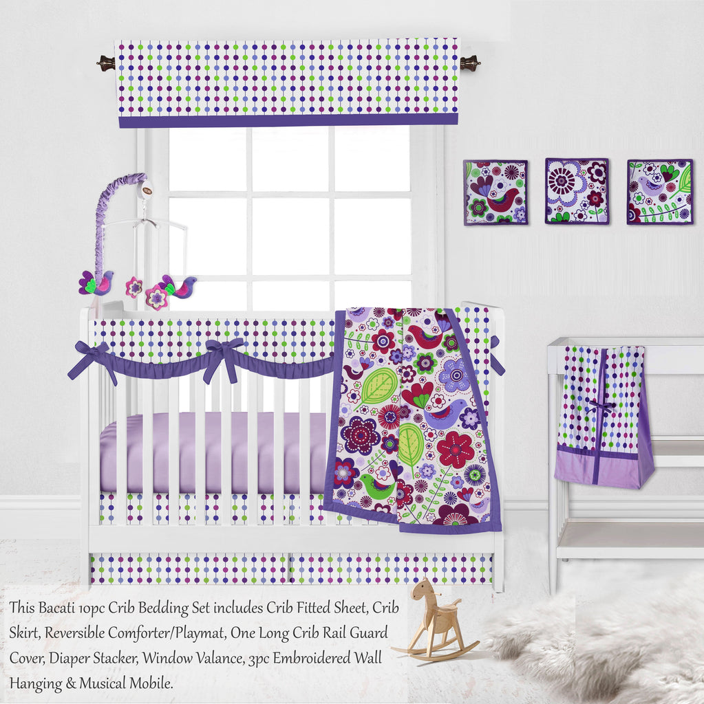 Botanical Floral Birds Purple/Multi Girls Crib Bedding Set - Bacati - Crib Bedding Set - Bacati