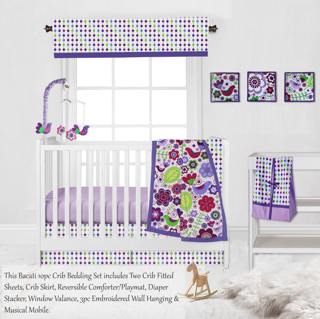 Botanical Floral Birds Purple/Multi Girls Crib Bedding Set - Bacati - Crib Bedding Set - Bacati