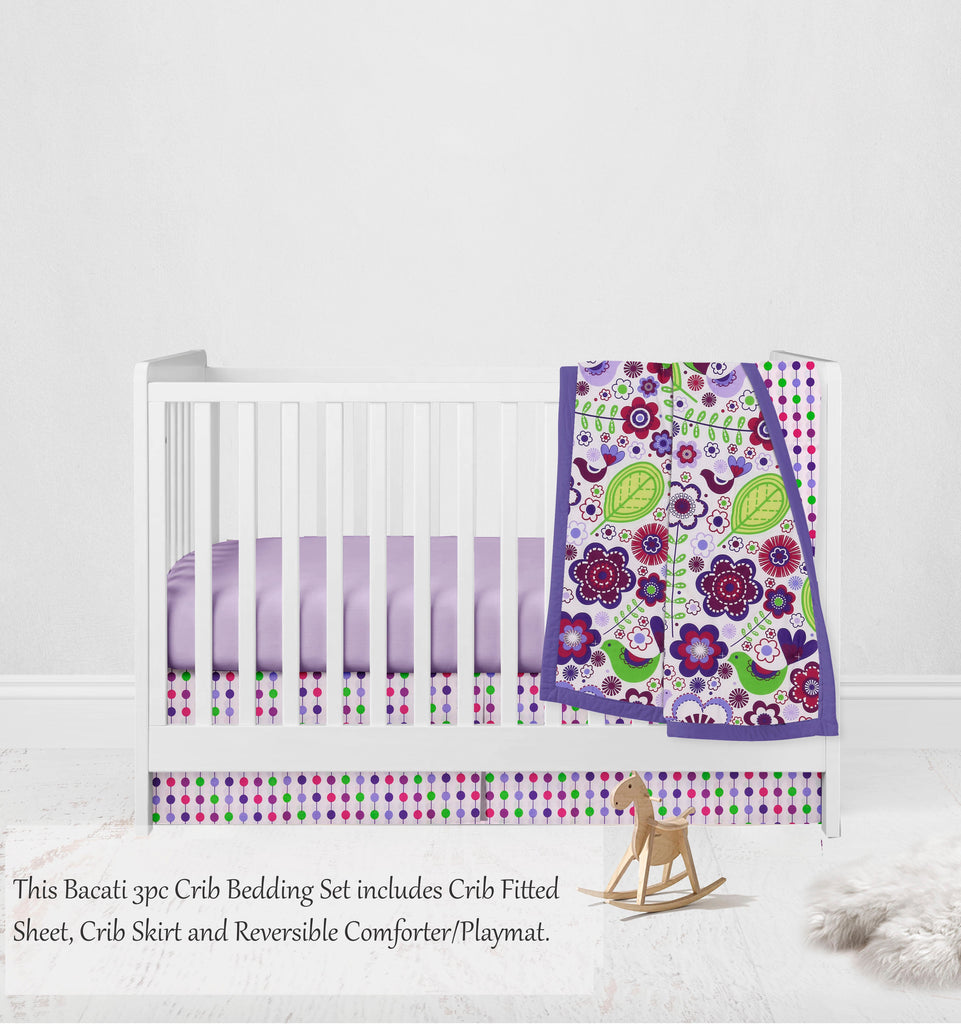Botanical Floral Birds Purple/Multi Girls Crib Bedding Set - Bacati - Crib Bedding Set - Bacati