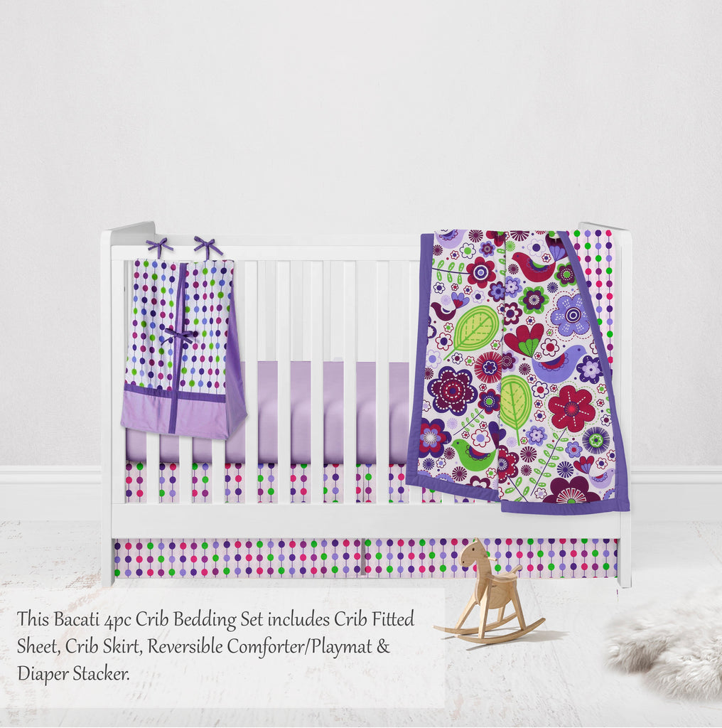 Botanical Floral Birds Purple/Multi Girls Crib Bedding Set - Bacati - Crib Bedding Set - Bacati