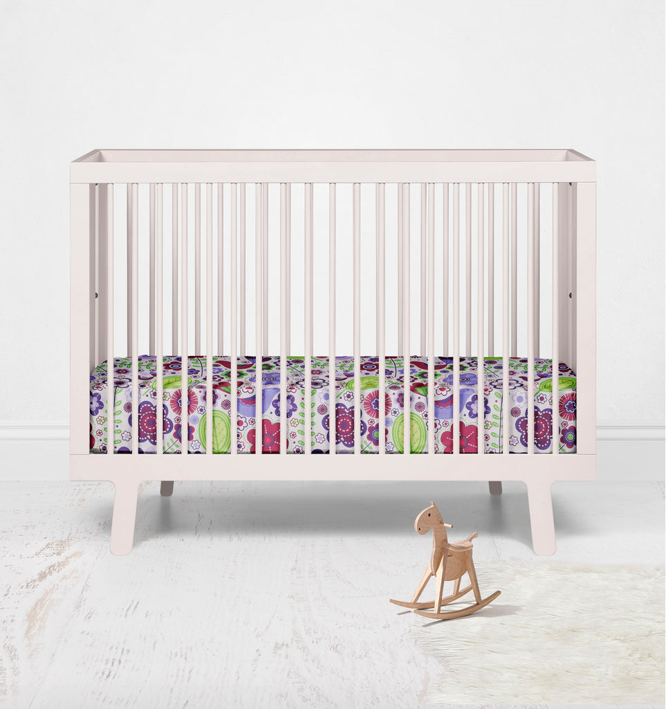 Bacati - Crib or Toddler Bed Fitted Sheet 100% Cotton Percale, Botanical, Purple/Lilac/Green/Plum - Bacati - Crib/Toddler Fitted Sheet - Bacati