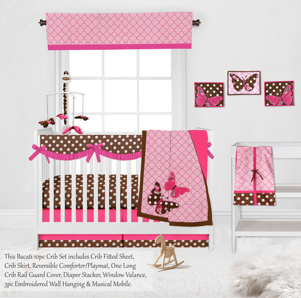 Butterflies Pink/Chocolate Girls Crib Bedding Set - Bacati - Crib Bedding Set - Bacati