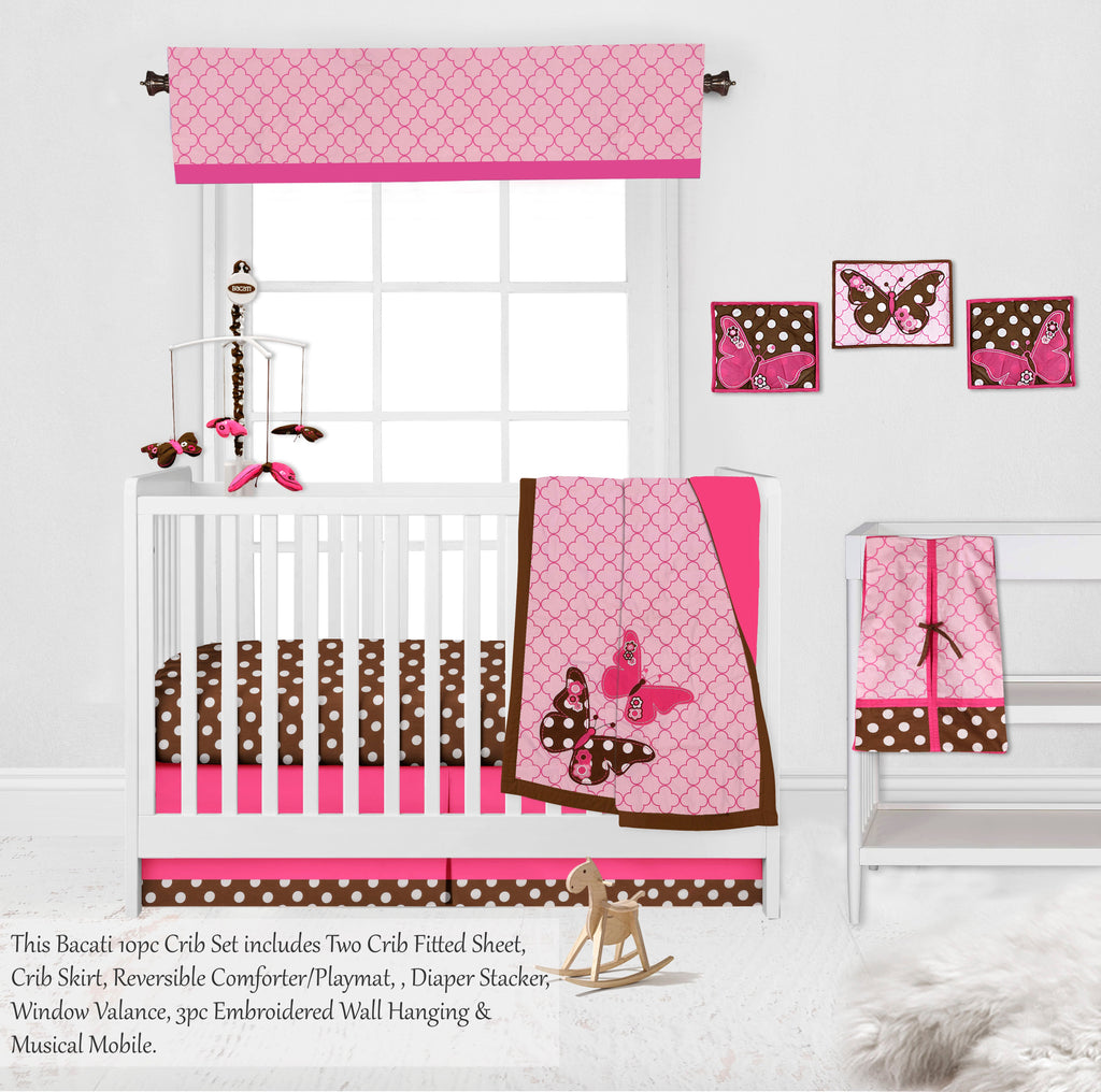Butterflies Pink/Chocolate Girls Crib Bedding Set - Bacati - Crib Bedding Set - Bacati