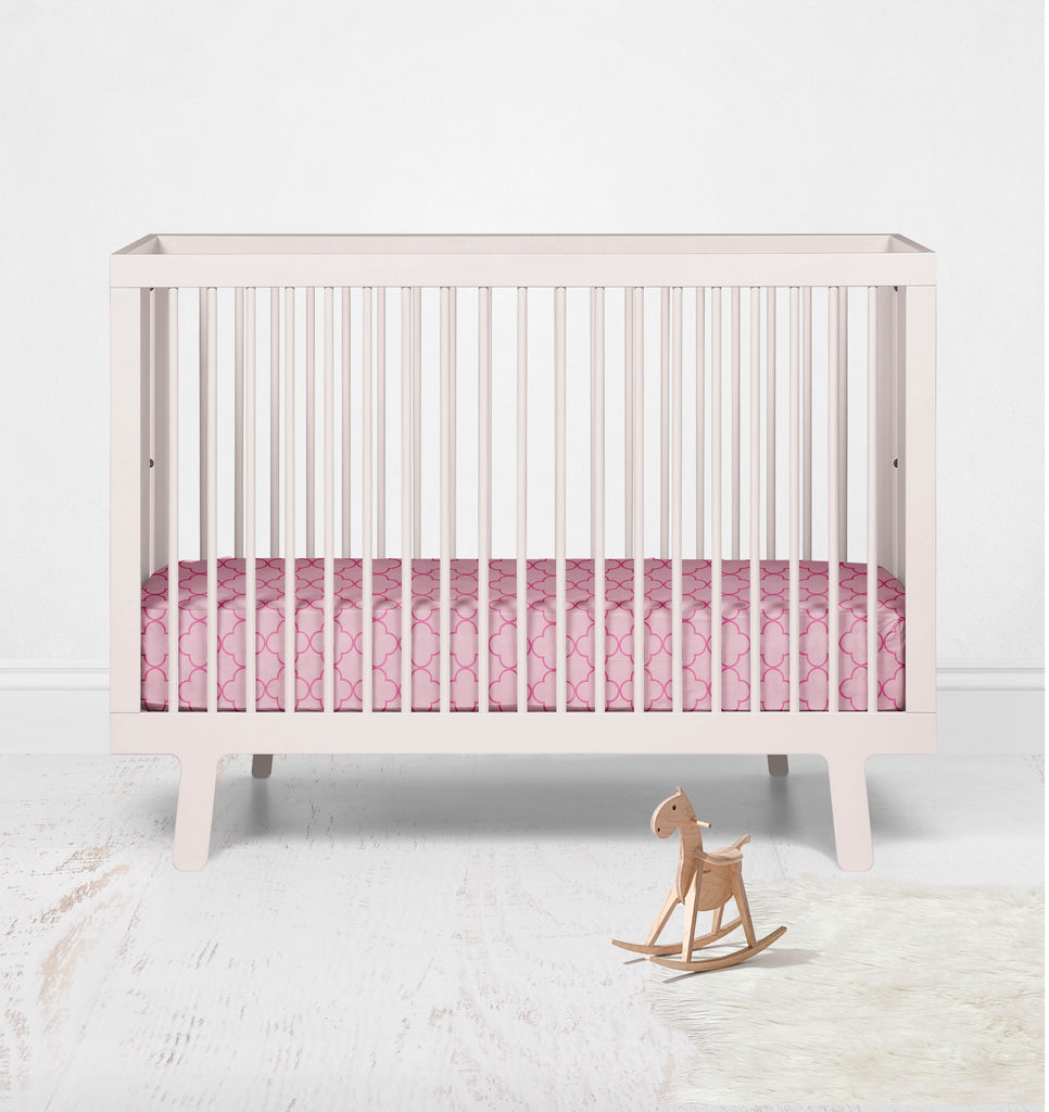 Bacati - Crib or Toddler Bed Fitted Sheet 100% Cotton Percale, Butterflies Ladybugs Pink/Fuchsia/Brown Quatrofoil Print - Bacati