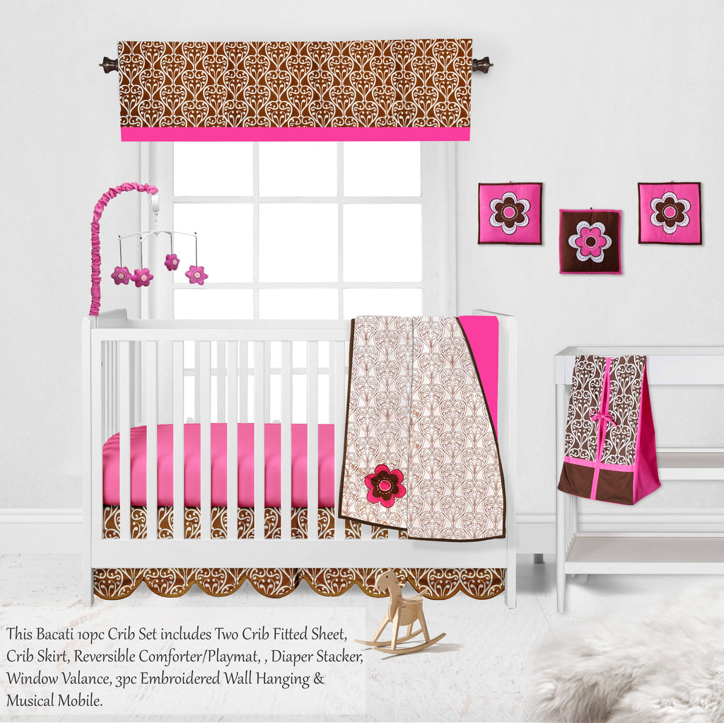 Damask Floral Pink/Chocolate Girls Crib Bedding Set - Bacati - Crib Bedding Set - Bacati