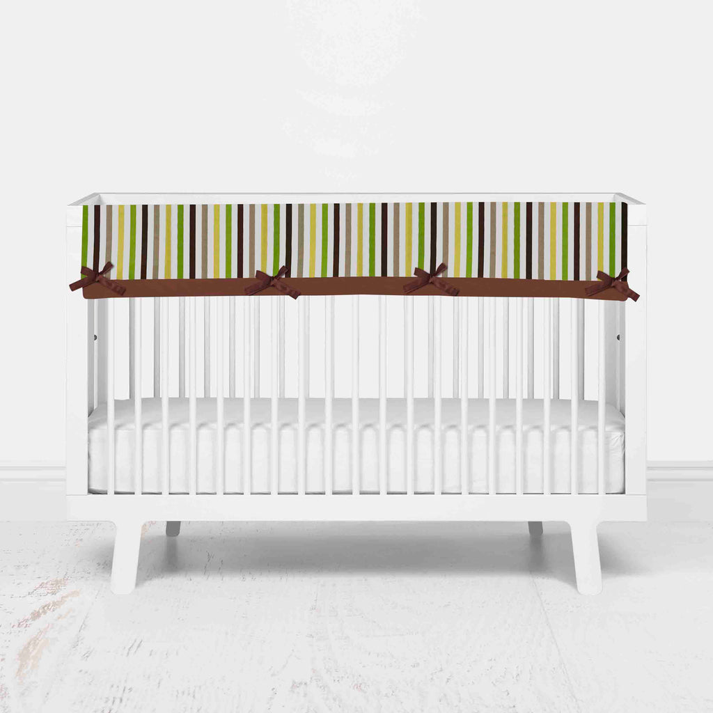 Bacati - Long/Small Crib Rail Guard Covers Cotton Mod Dots/Stripes, Green/Yellow/Brown - Bacati - Crib Rail Guard - Bacati