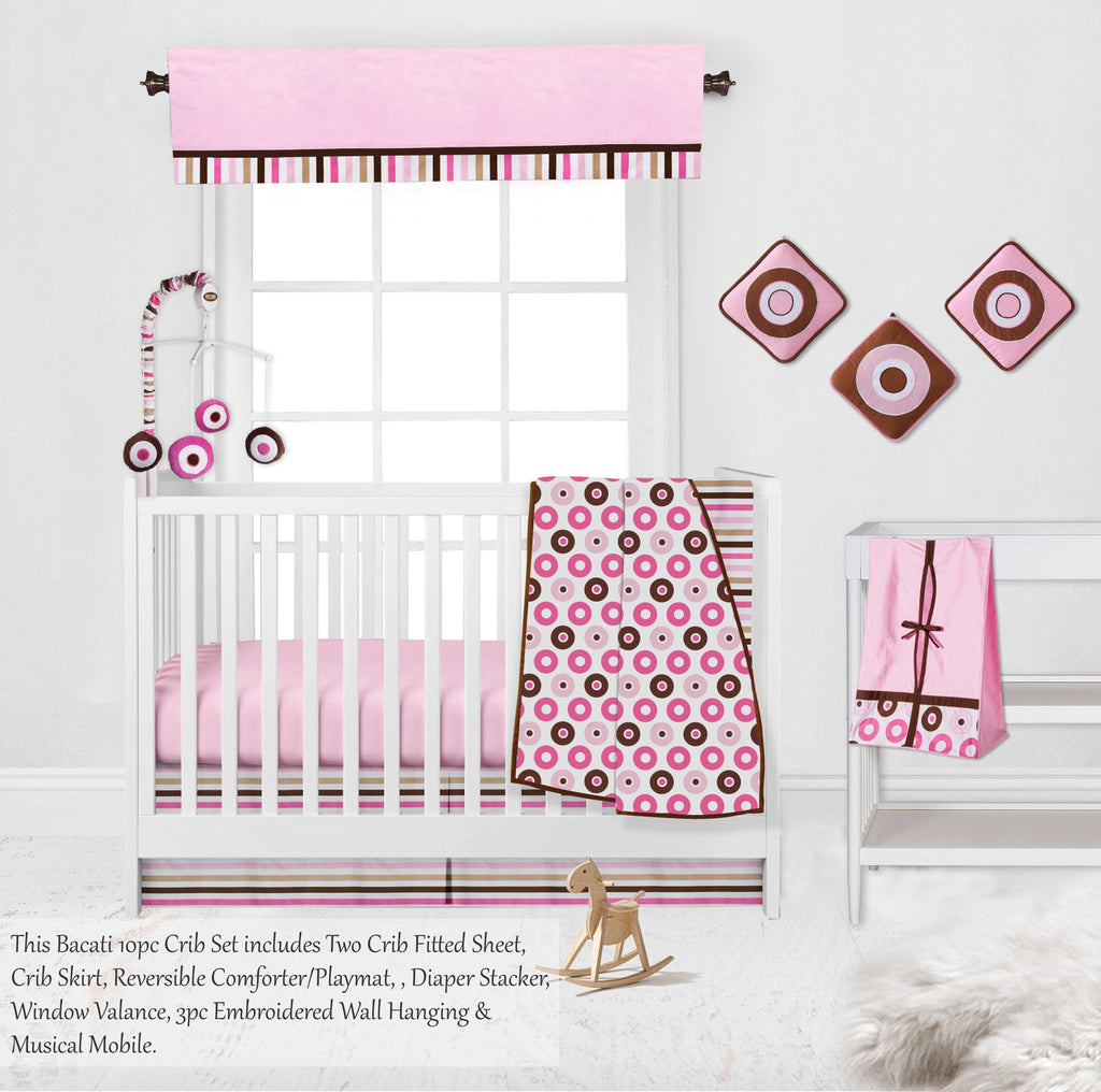 Mod Dots Stripes Pink/Beige/Chocolate Girls Crib Bedding Set - Bacati - Crib Bedding Set - Bacati