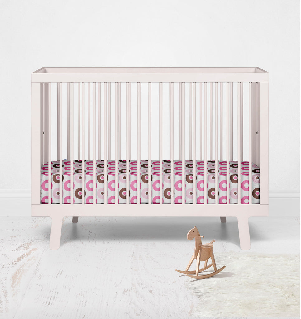 Bacati - Crib or Toddler Bed Fitted Sheet 100% Cotton Percale, Mod Dots/Stripes, Pink/Fuchsia/Beige/Brown - Bacati - Crib/Toddler Fitted Sheet - Bacati