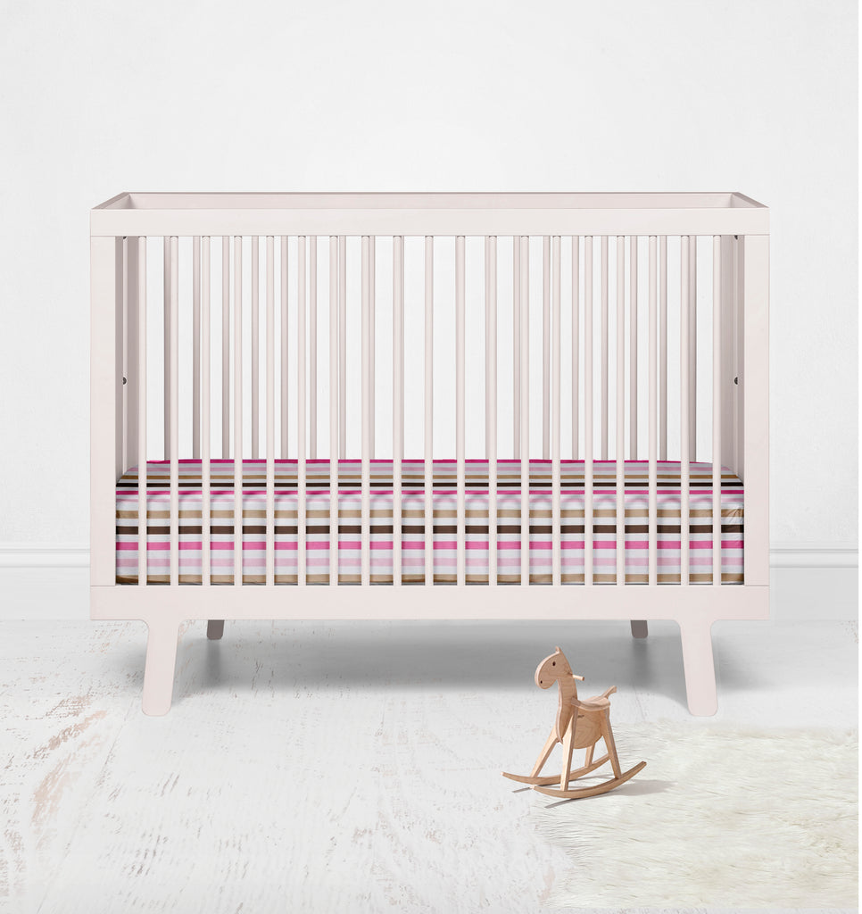 Bacati - Crib or Toddler Bed Fitted Sheet 100% Cotton Percale, Mod Dots/Stripes, Pink/Fuchsia/Beige/Brown - Bacati - Crib/Toddler Fitted Sheet - Bacati