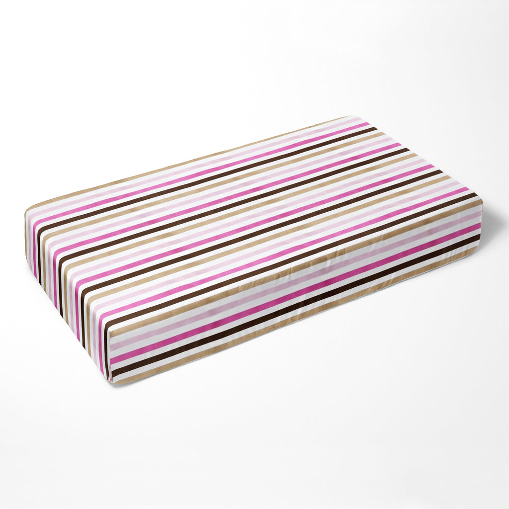 Bacati - Crib or Toddler Bed Fitted Sheet 100% Cotton Percale, Mod Dots/Stripes, Pink/Fuchsia/Beige/Brown - Bacati - Crib/Toddler Fitted Sheet - Bacati