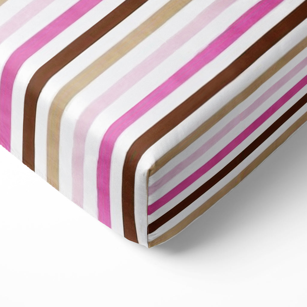 Bacati - Crib or Toddler Bed Fitted Sheet 100% Cotton Percale, Mod Dots/Stripes, Pink/Fuchsia/Beige/Brown - Bacati - Crib/Toddler Fitted Sheet - Bacati