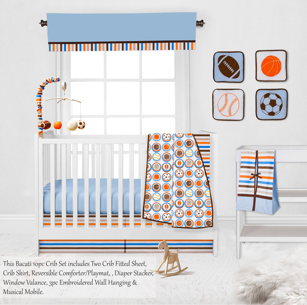 Mod Sports Blue/Orange/Chocolate Boys Crib Bedding Set - Bacati - Crib Bedding Set - Bacati