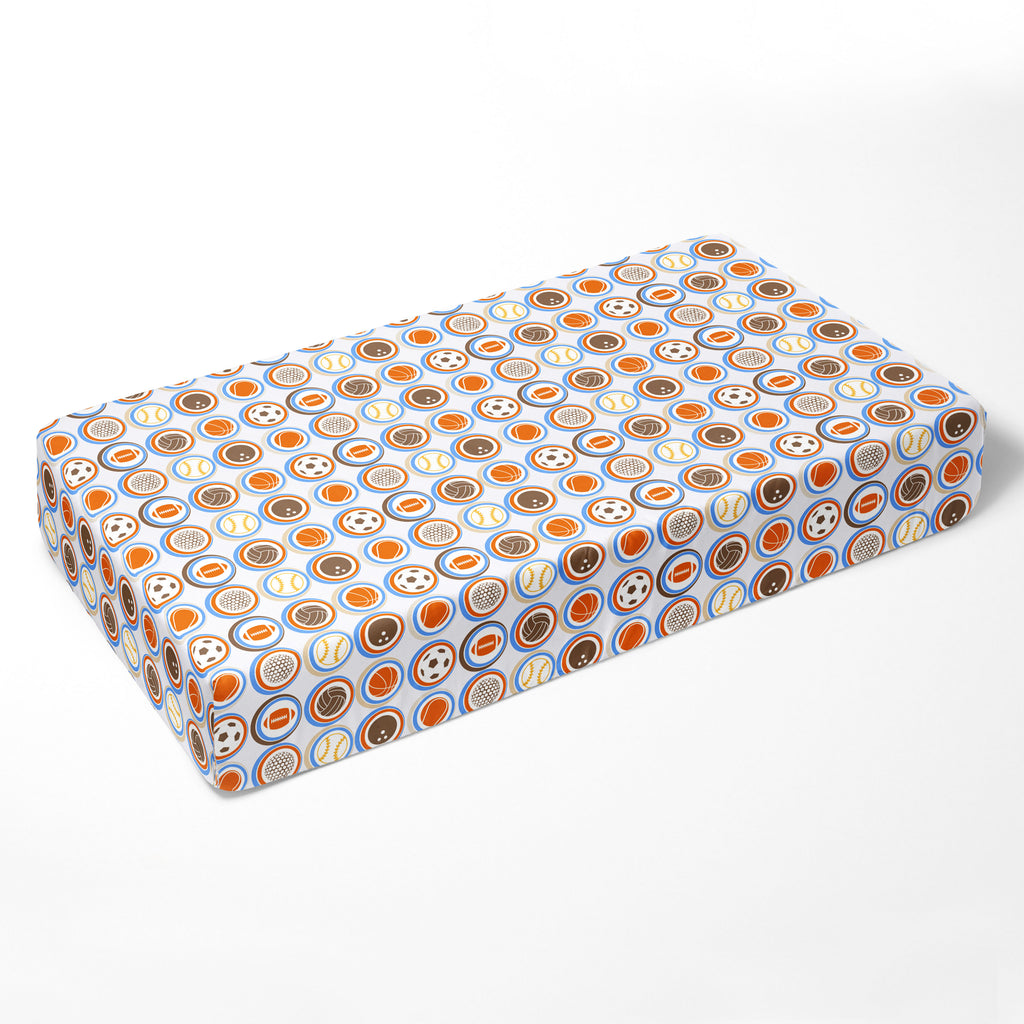 Crib or Toddler Bed Fitted Sheet, Mod Sports Blue/Orange/Brown - Bacati - Crib/Toddler Fitted Sheet - Bacati