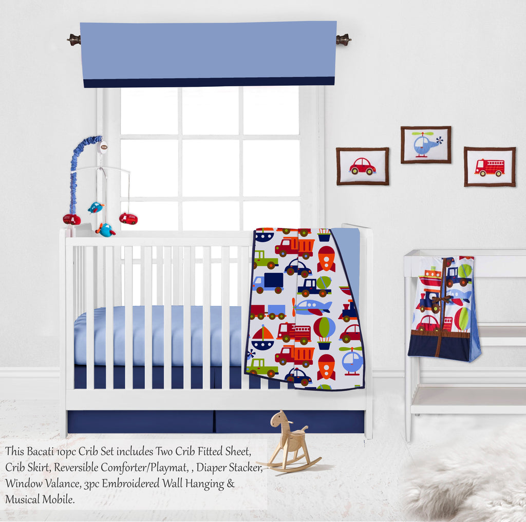 Transportation Blue/Navy/Green/Red/Orange Boys Crib Bedding Set - Bacati - Crib Bedding Set - Bacati