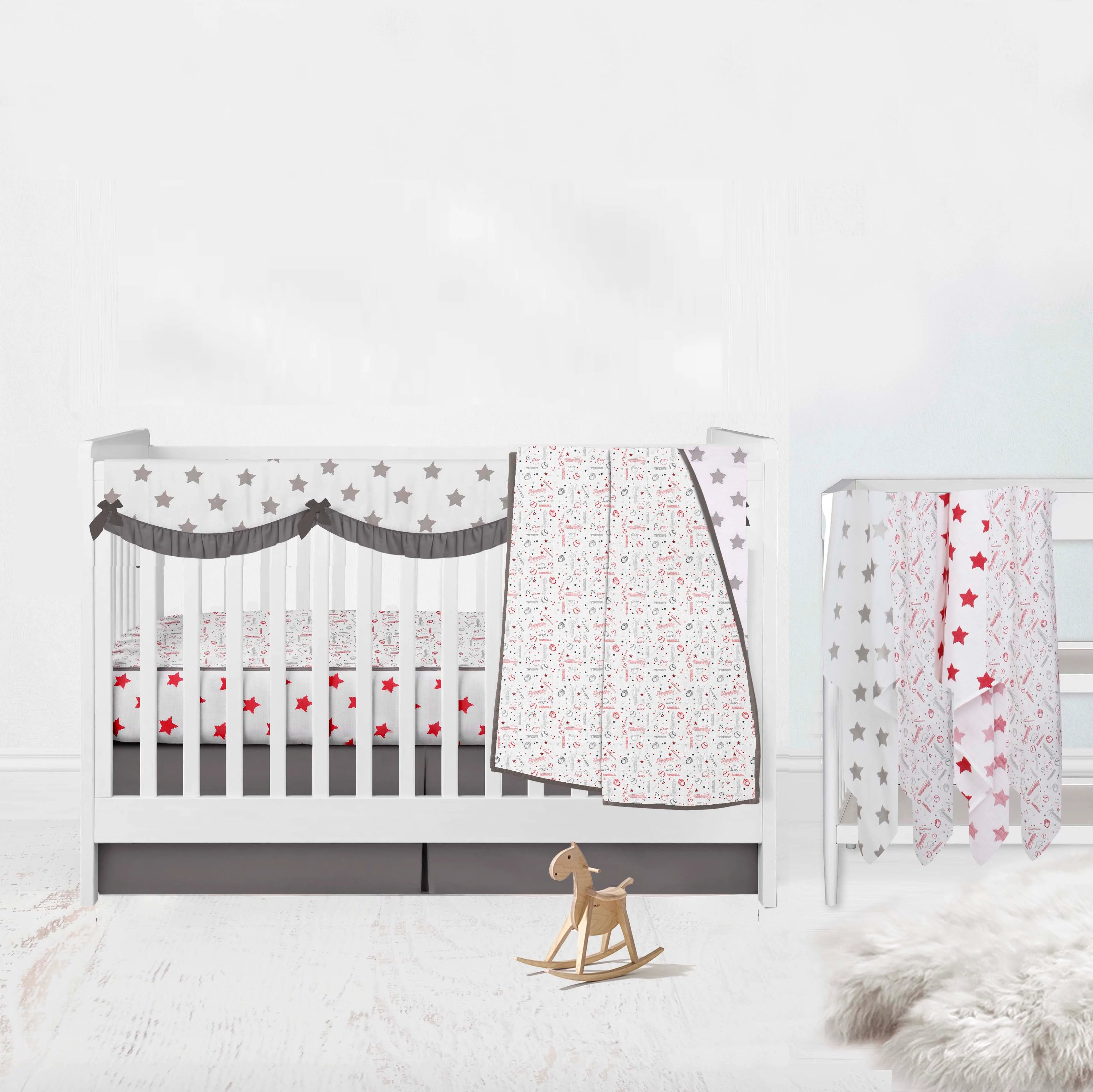 Bacati Baseball 8 Piece Muslin Boys Crib Bedding Set Red Grey