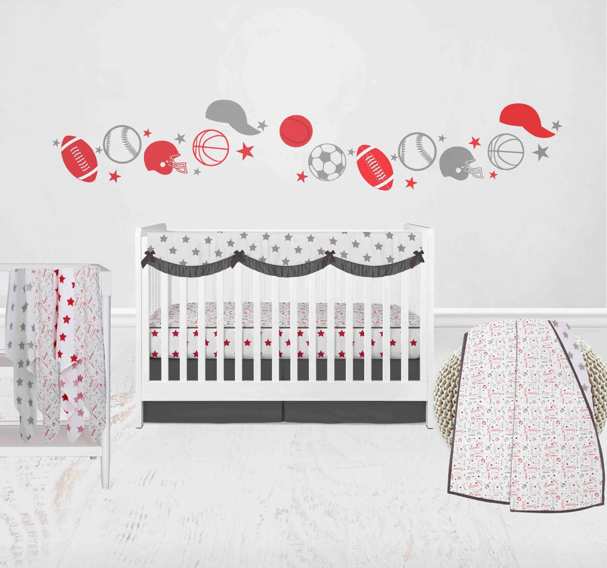 Bacati Baseball 8 Piece Muslin Boys Crib Bedding Set Red Grey