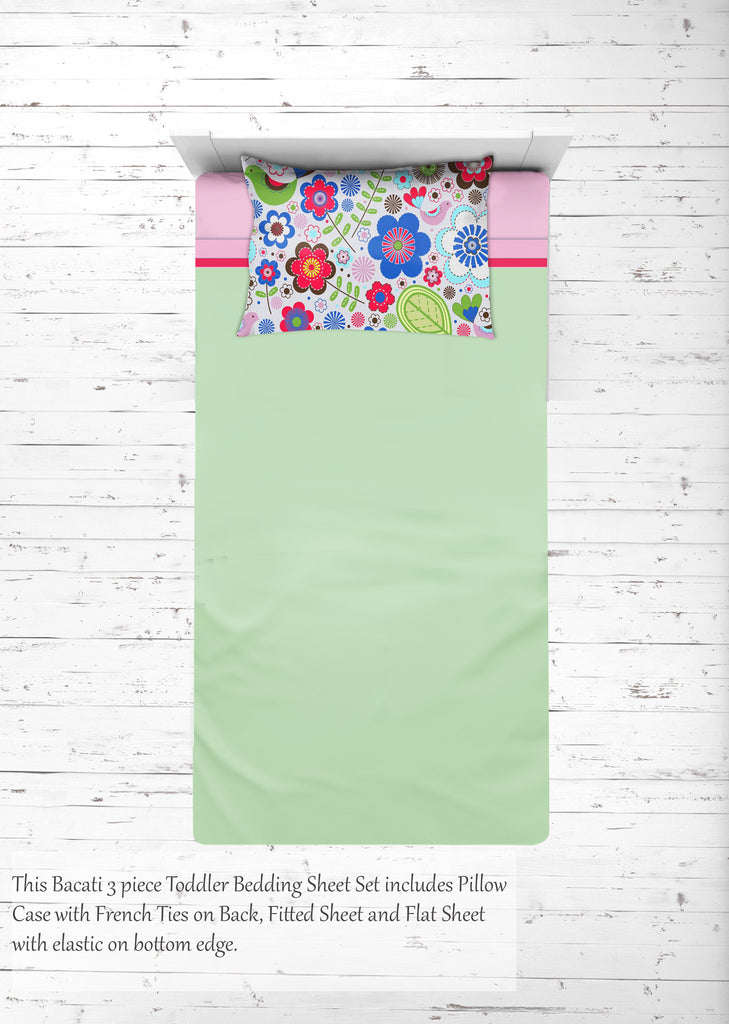 Girls 4 pc Toddler Bedding/3 pc Sheet Set 100% Cotton Percale, Botanical Floral Birds Pink/Multi - Bacati - 4 pc Toddler Bedding Set - Bacati