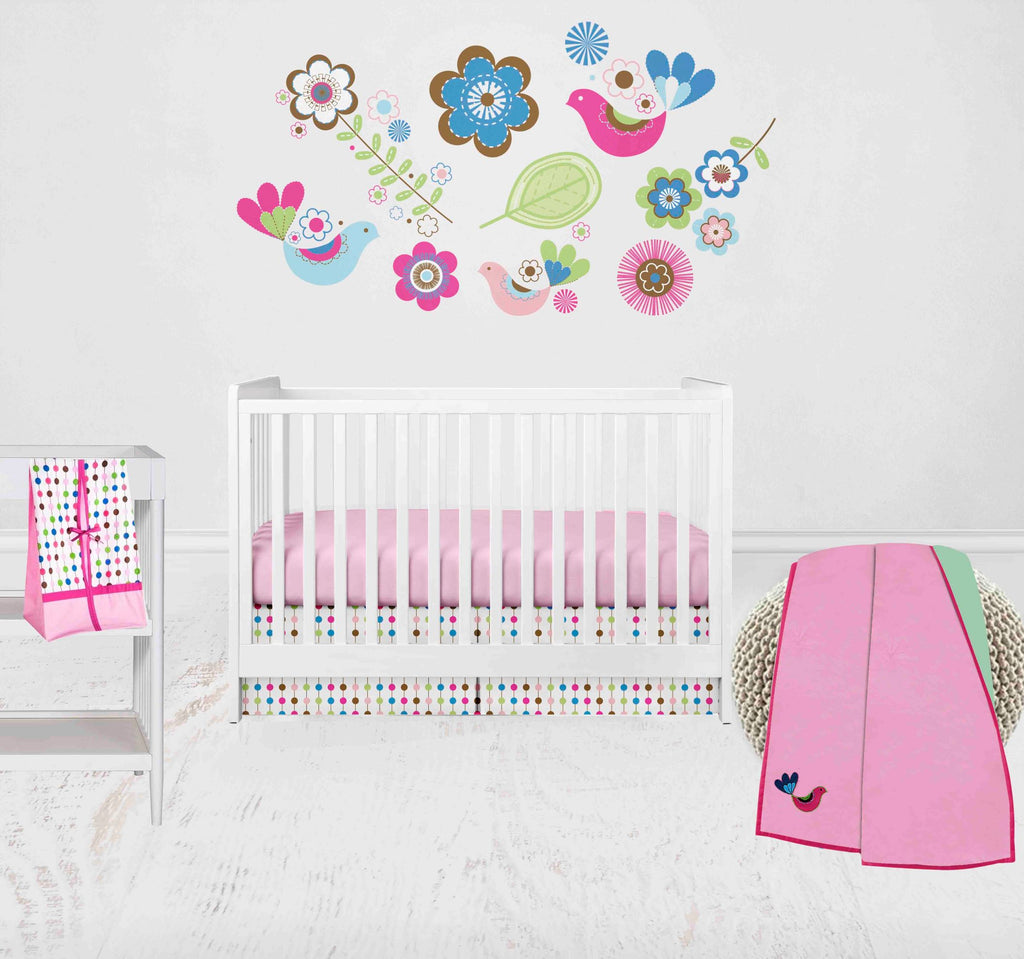 Botanical Floral Birds Pink/Multi Girls Crib Bedding Set - Bacati - Crib Bedding Set - Bacati