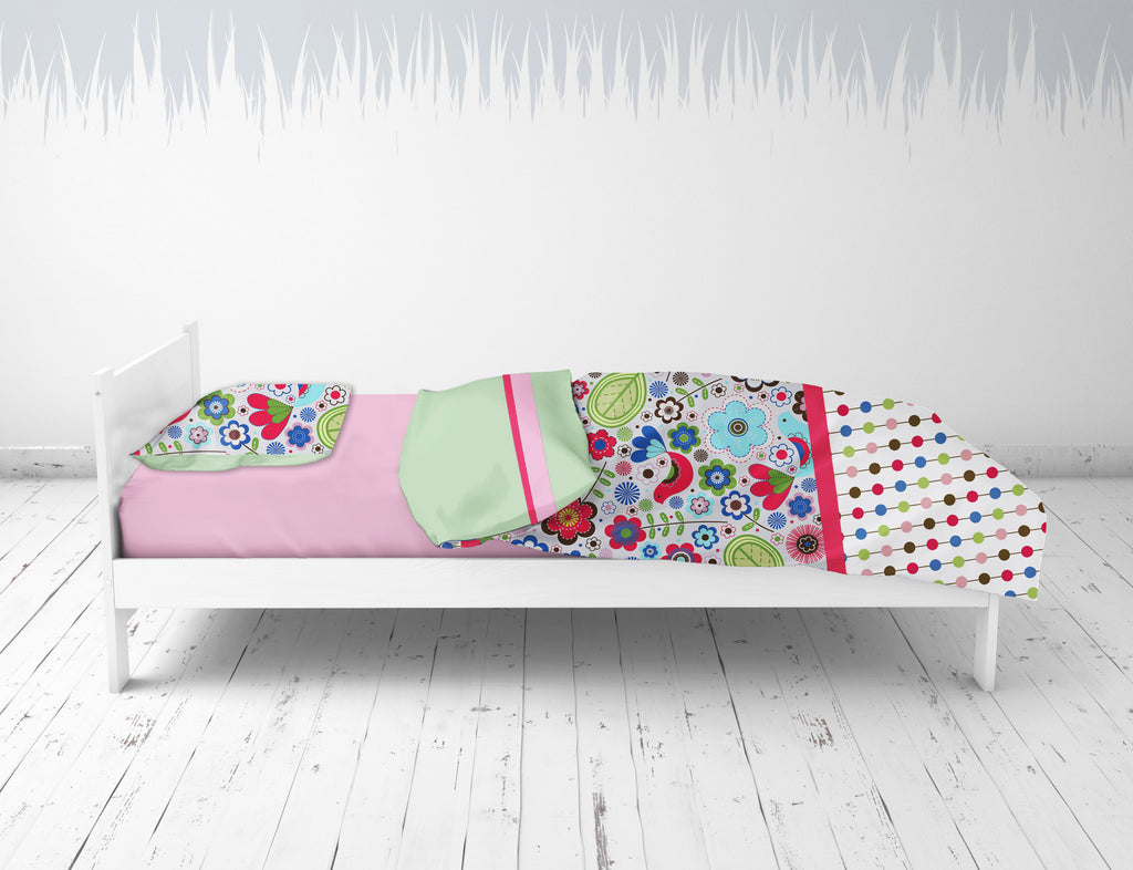 Girls 4 pc Toddler Bedding/3 pc Sheet Set 100% Cotton Percale, Botanical Floral Birds Pink/Multi - Bacati - 4 pc Toddler Bedding Set - Bacati