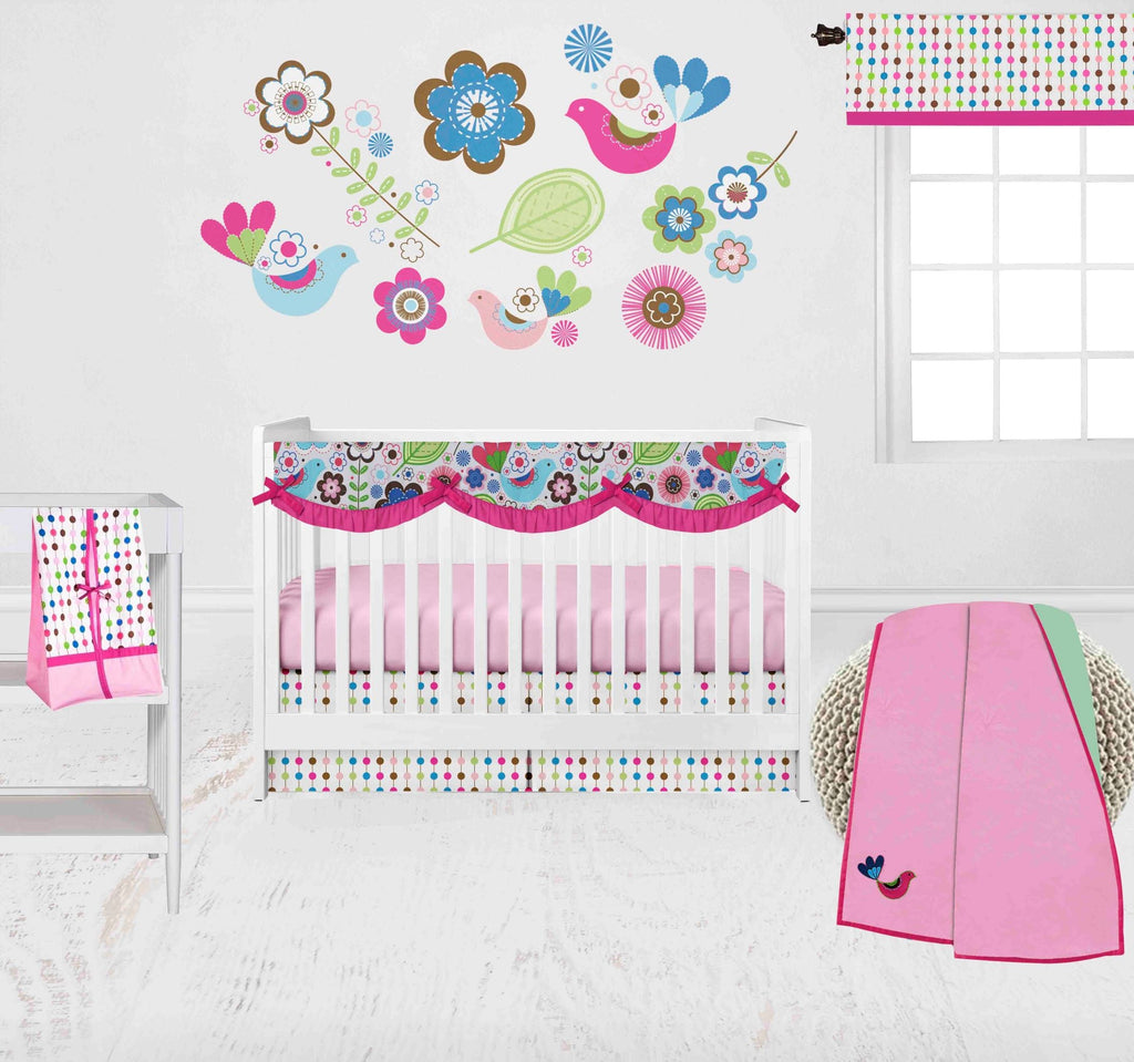 Botanical Floral Birds Pink/Multi Girls Crib Bedding Set - Bacati - Crib Bedding Set - Bacati