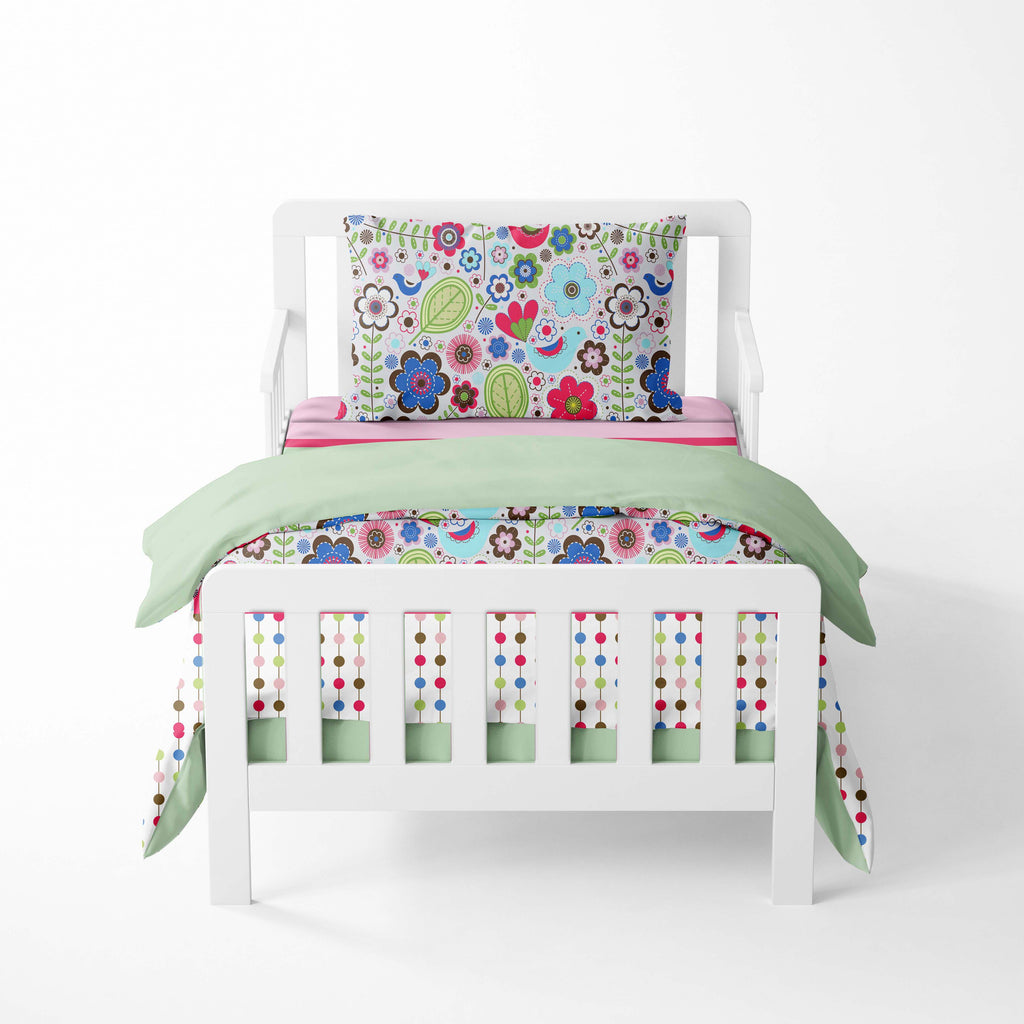 Girls 4 pc Toddler Bedding/3 pc Sheet Set 100% Cotton Percale, Botanical Floral Birds Pink/Multi - Bacati - 4 pc Toddler Bedding Set - Bacati