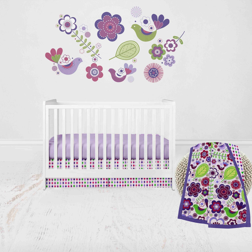 Botanical Floral Birds Purple/Multi Girls Crib Bedding Set - Bacati - Crib Bedding Set - Bacati