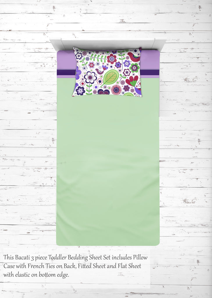 Girls 4 pc Toddler Bedding/3 pc Sheet Set 100% Cotton Percale, Botanical, Purple/Lilac/Green/Plum - Bacati - 4 pc Toddler Bedding Set - Bacati