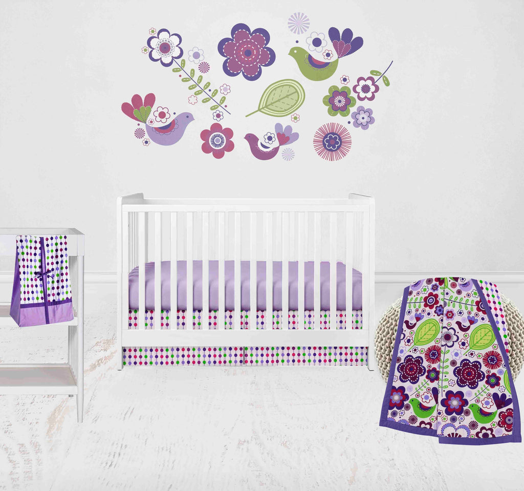 Botanical Floral Birds Purple/Multi Girls Crib Bedding Set - Bacati - Crib Bedding Set - Bacati