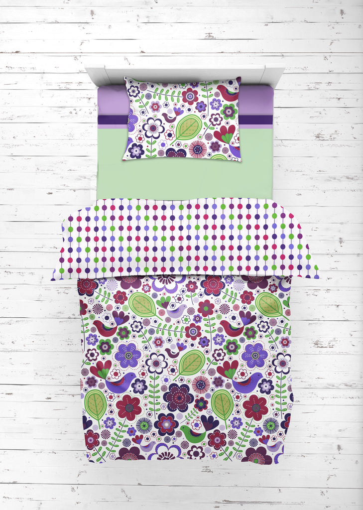 Girls 4 pc Toddler Bedding/3 pc Sheet Set 100% Cotton Percale, Botanical, Purple/Lilac/Green/Plum - Bacati - 4 pc Toddler Bedding Set - Bacati