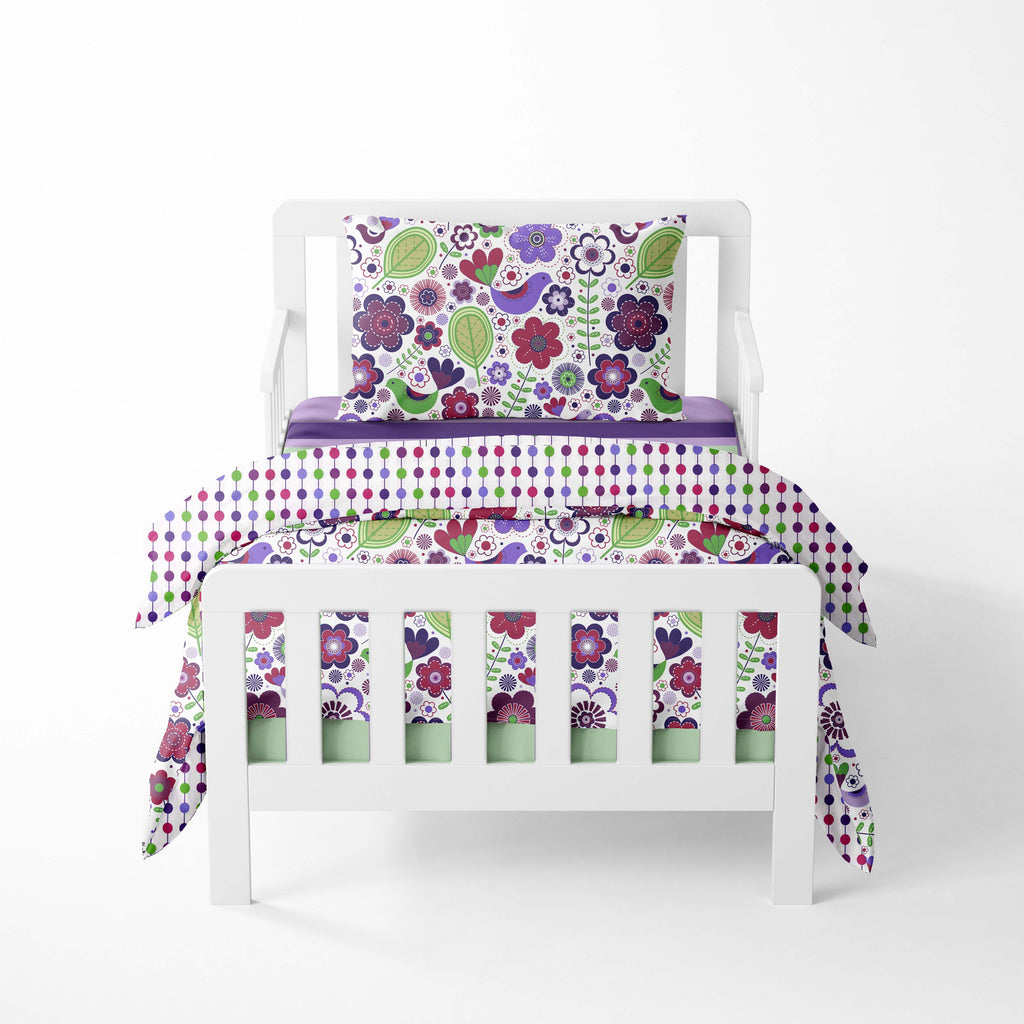 Girls 4 pc Toddler Bedding/3 pc Sheet Set 100% Cotton Percale, Botanical, Purple/Lilac/Green/Plum - Bacati - 4 pc Toddler Bedding Set - Bacati