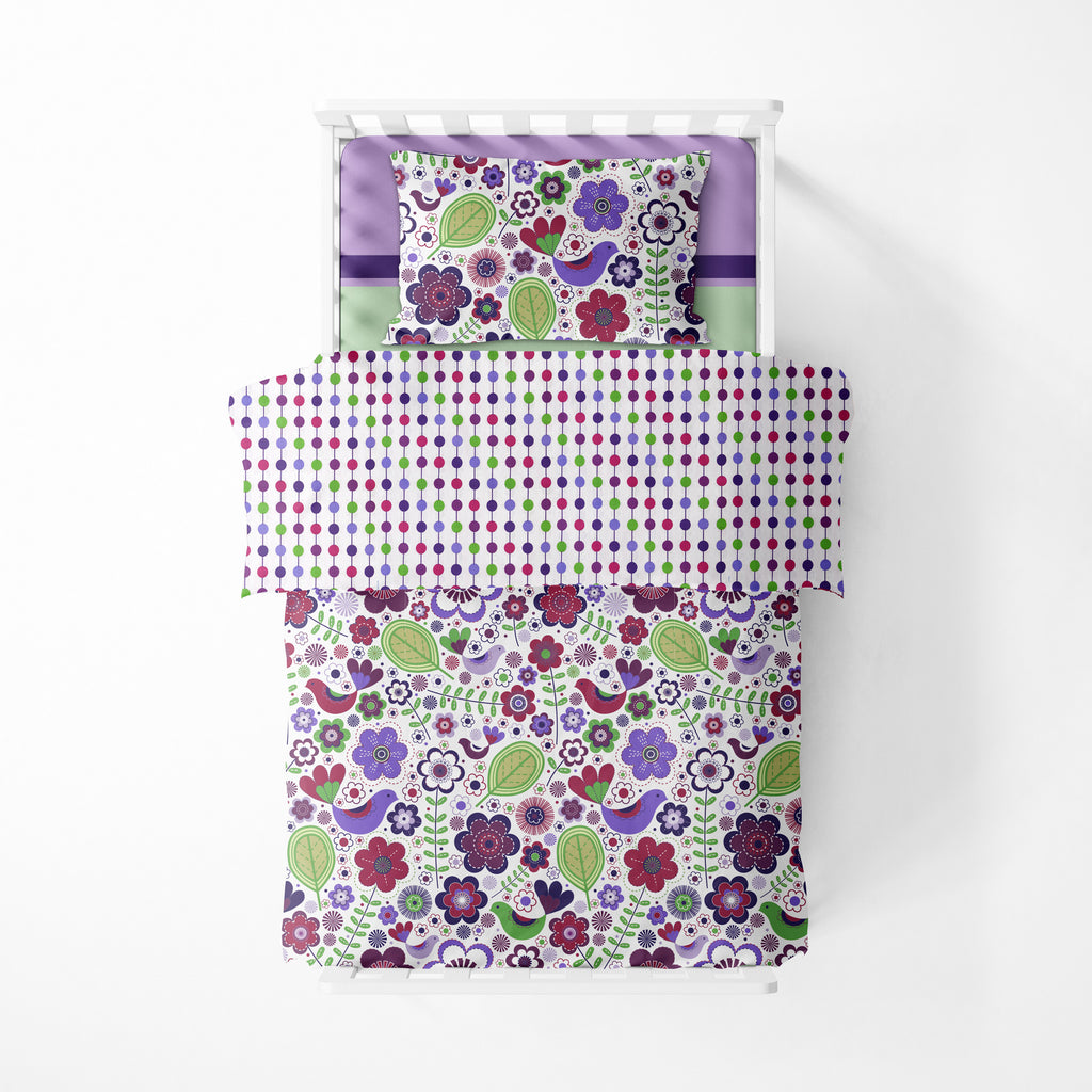 Girls 4 pc Toddler Bedding/3 pc Sheet Set 100% Cotton Percale, Botanical, Purple/Lilac/Green/Plum - Bacati - 4 pc Toddler Bedding Set - Bacati