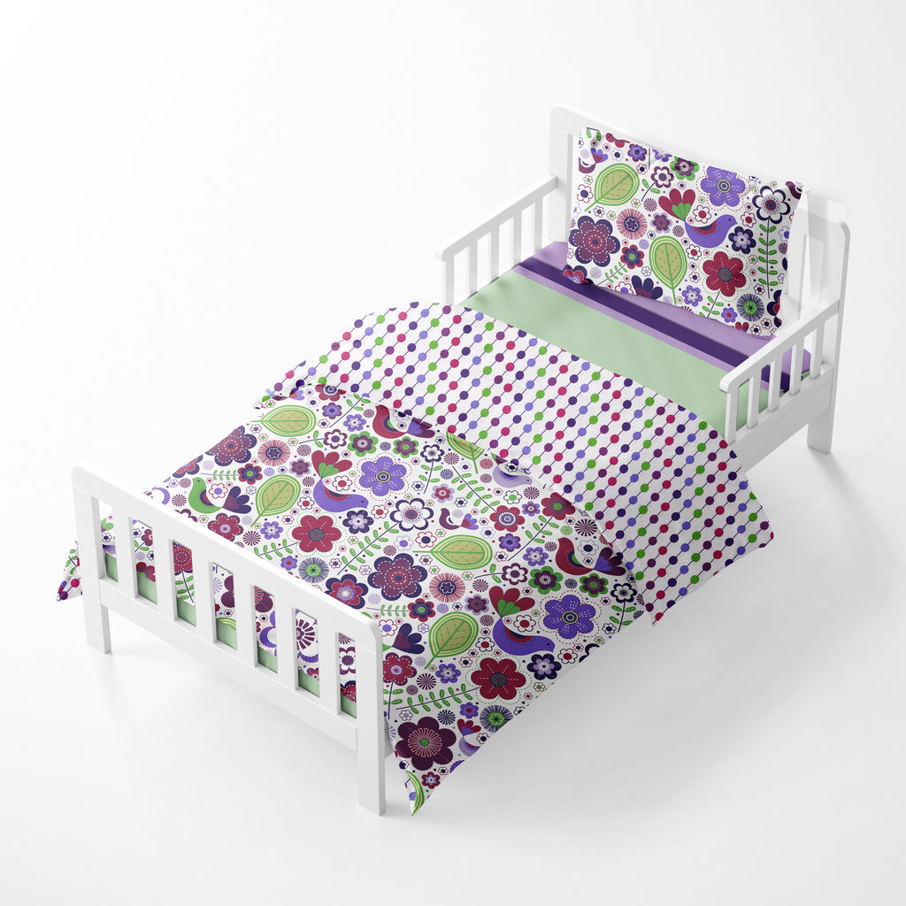 Girls 4 pc Toddler Bedding/3 pc Sheet Set 100% Cotton Percale, Botanical, Purple/Lilac/Green/Plum - Bacati - 4 pc Toddler Bedding Set - Bacati