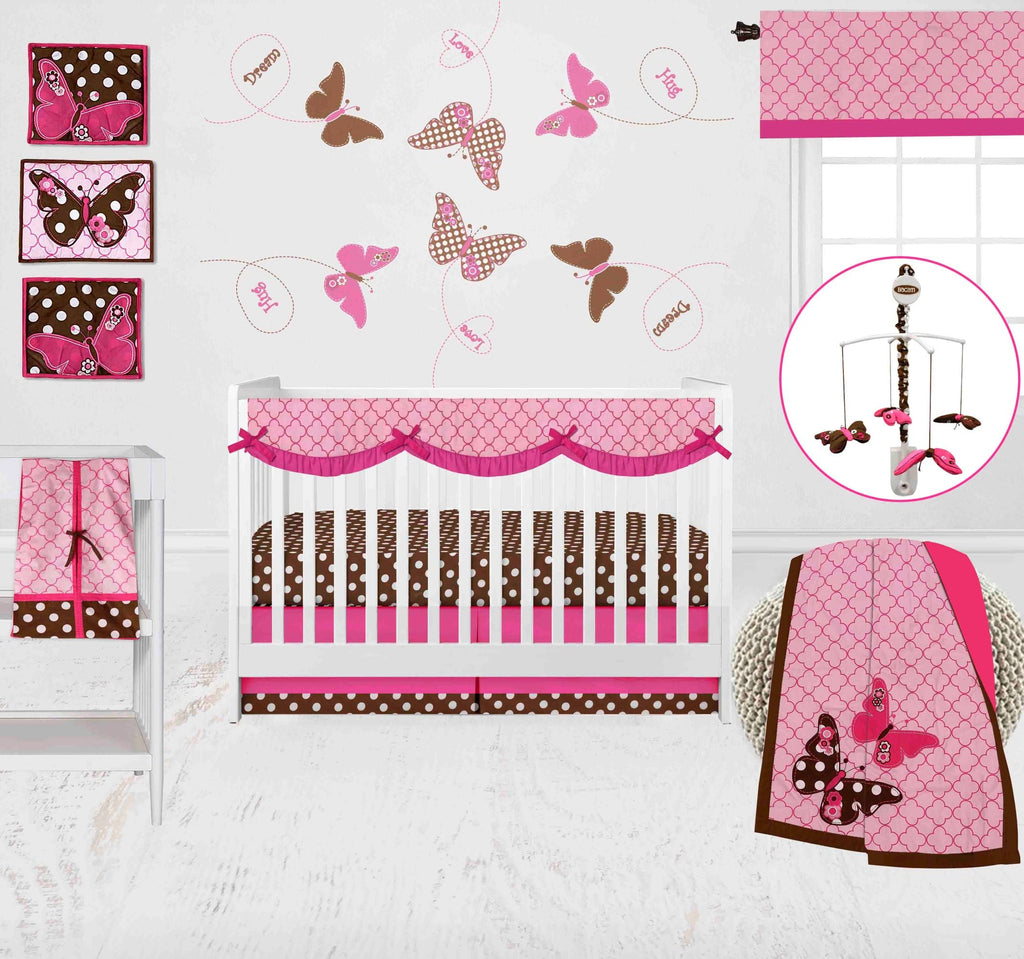 Butterflies Pink/Chocolate Girls Crib Bedding Set - Bacati - Crib Bedding Set - Bacati