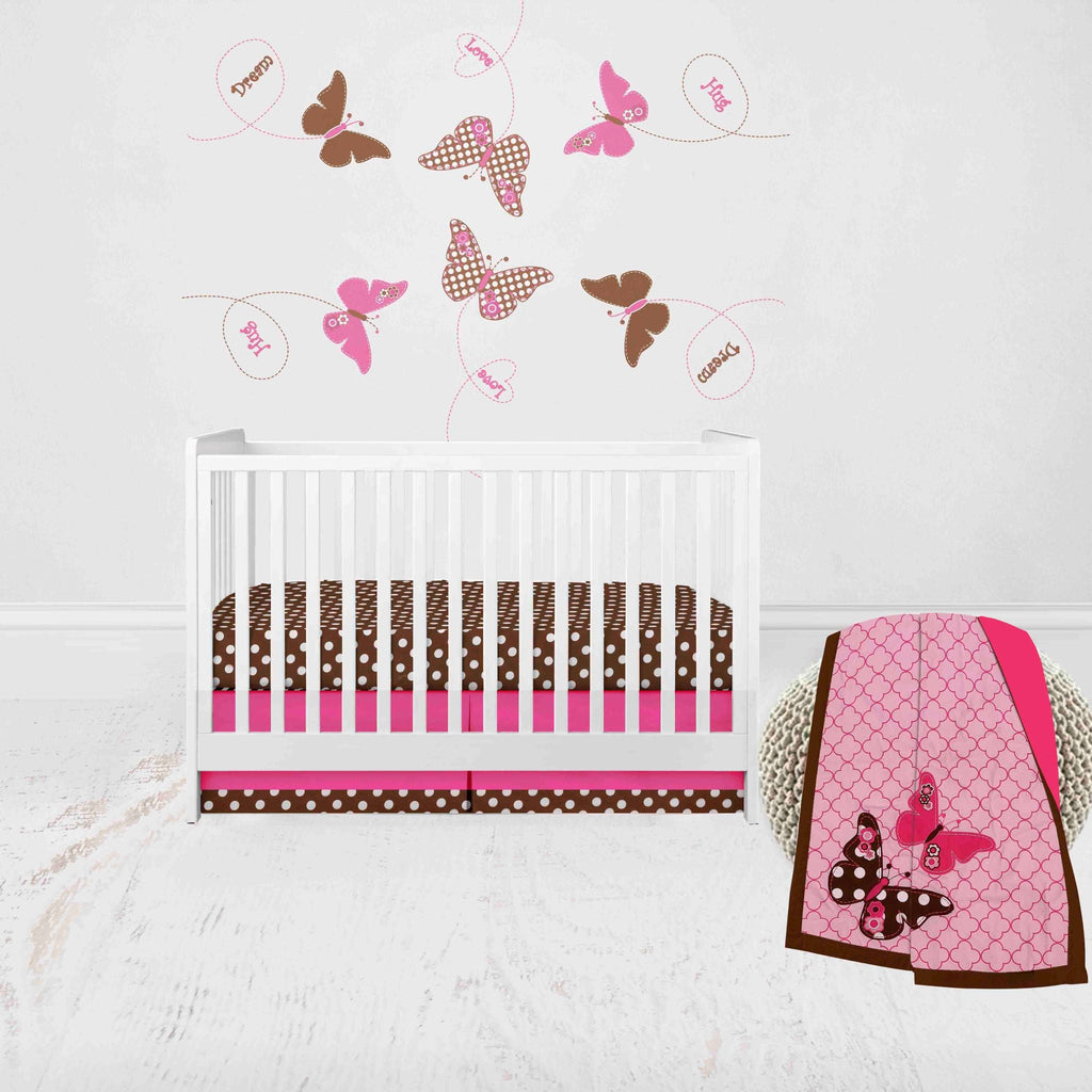 Butterflies Pink/Chocolate Girls Crib Bedding Set - Bacati - Crib Bedding Set - Bacati