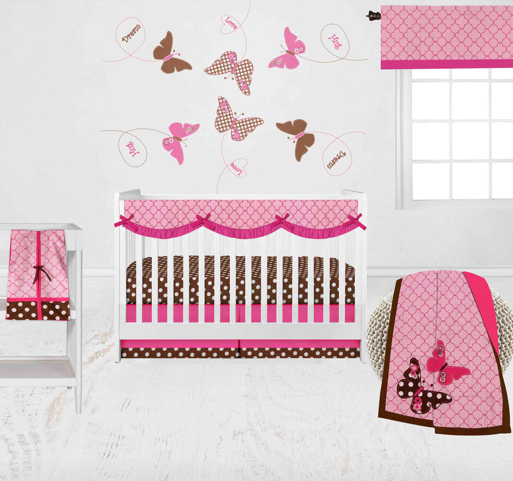 Butterflies Pink/Chocolate Girls Crib Bedding Set - Bacati - Crib Bedding Set - Bacati