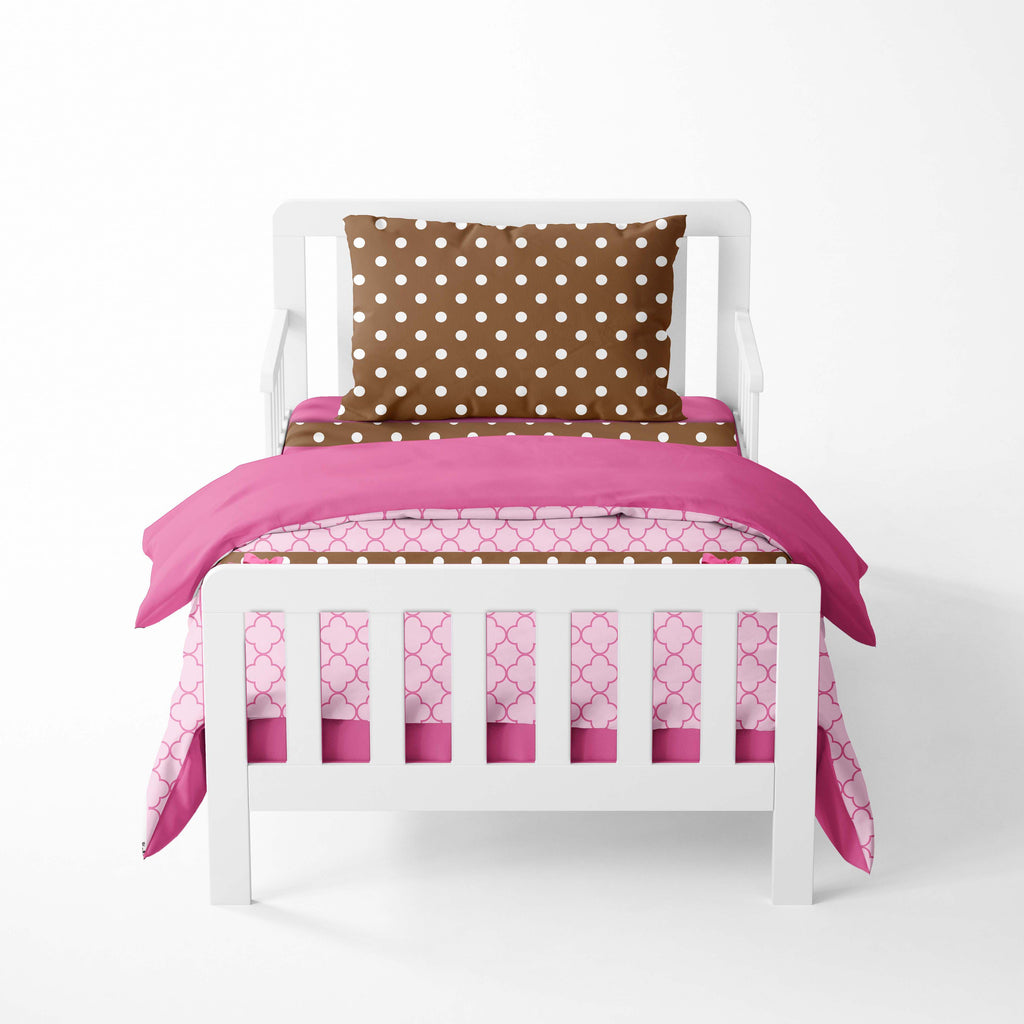 Girls 4 pc Toddler Bedding/3 pc Sheet Set 100% Cotton Percale, Butterflies Ladybugs, Pink/Fuchsia/Chocolate - Bacati - 4 pc Toddler Bedding Set - Bacati