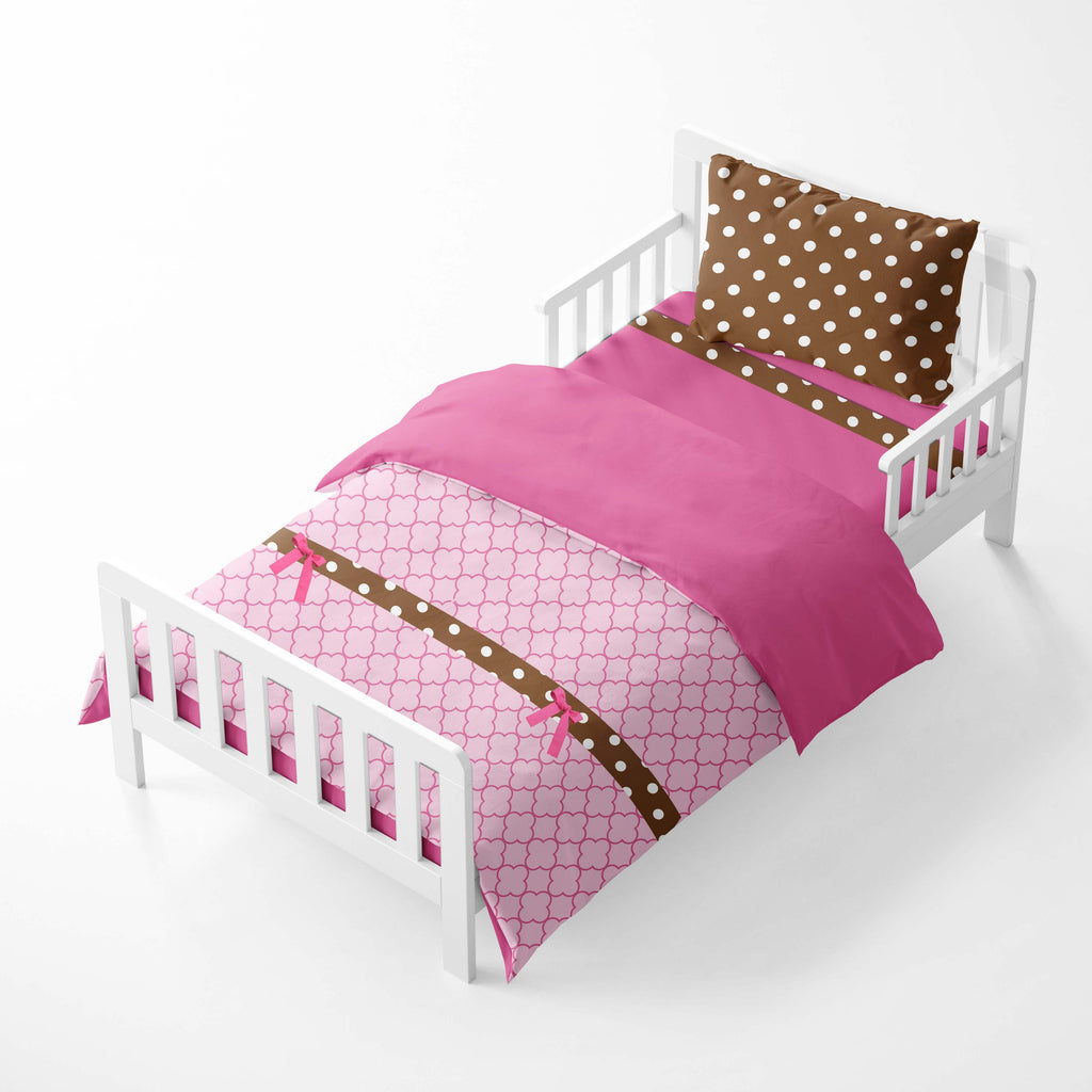 Girls 4 pc Toddler Bedding/3 pc Sheet Set 100% Cotton Percale, Butterflies Ladybugs, Pink/Fuchsia/Chocolate - Bacati - 4 pc Toddler Bedding Set - Bacati